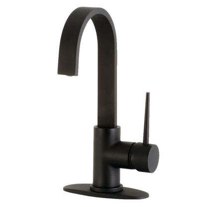Kingston Brass LS8618NYL New York Single-Handle Bar Faucet in matte black, showcasing graceful gooseneck and single lever handle.