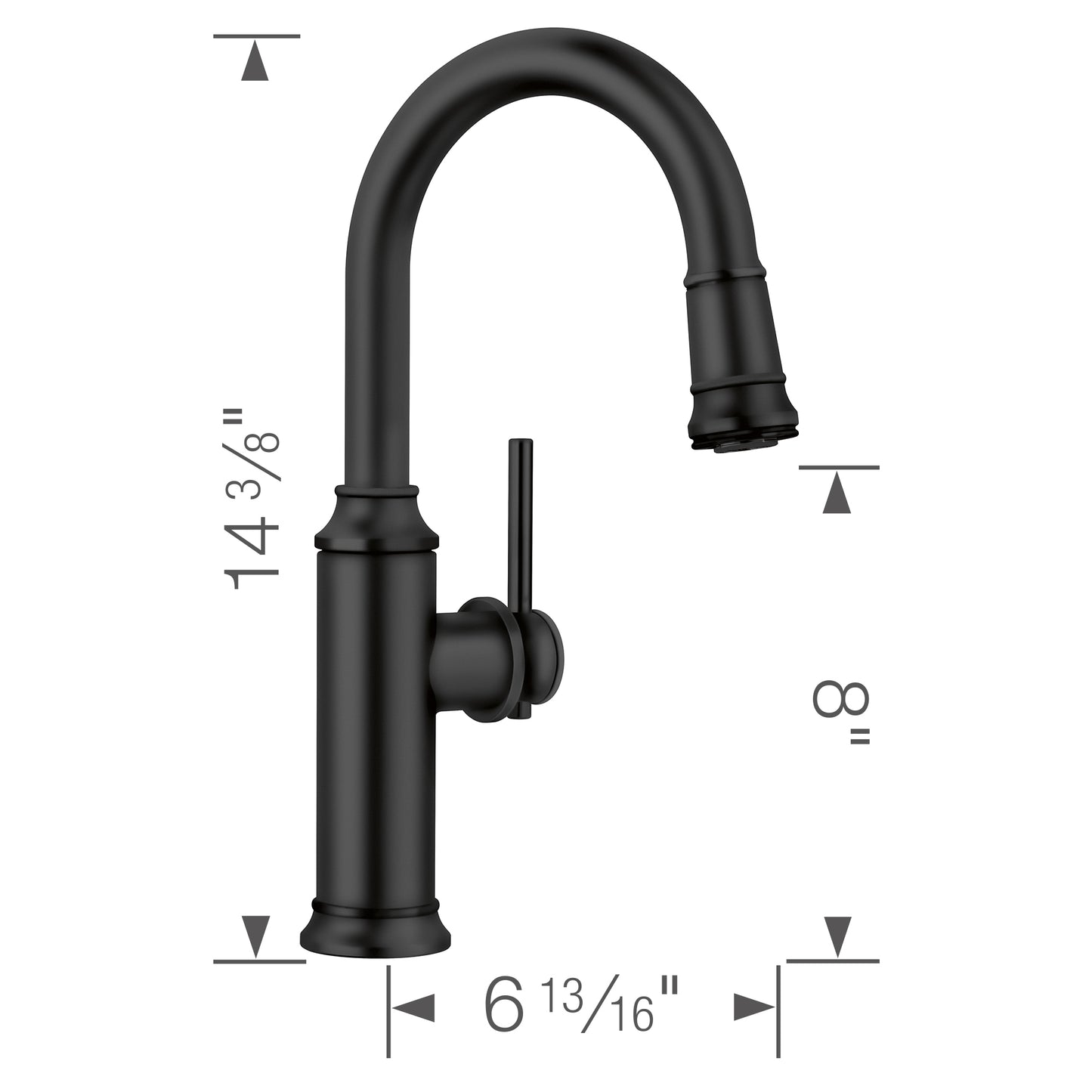 BLANCO Empressa Pull-Down Bar Faucet dimensions and design showcasing vintage inspired craftsmanship.