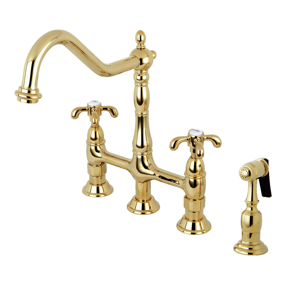 Kingston KS1277TXBS French Country Bridge Kitchen Faucet with Brass Sprayer, Brushed Brass, elegant design and premium finish.