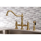 Kingston KS3277PXBS Restoration Bridge Kitchen Faucet with Brass Sprayer, Brushed Brass in a kitchen setting.