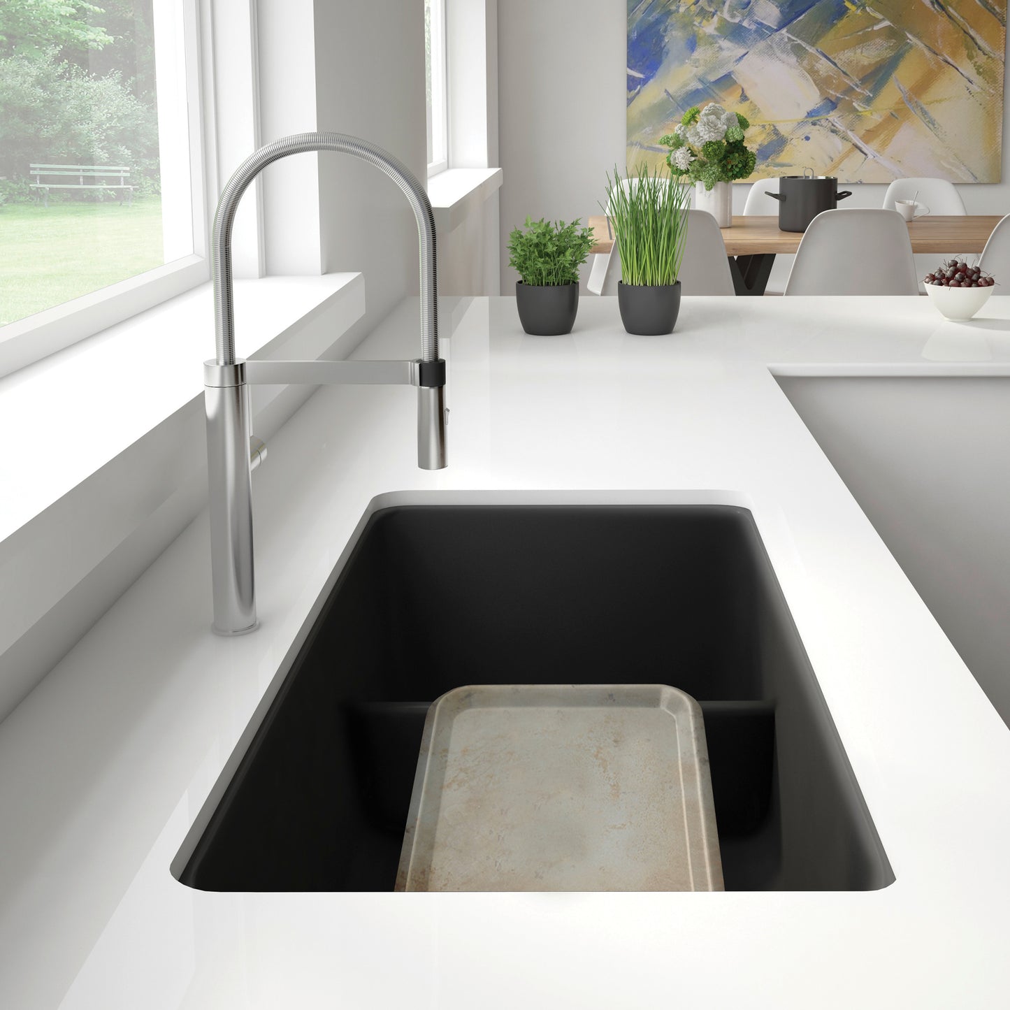 BLANCO Precis SILGRANIT 33" 60/40 Reversible Double Bowl Undermount Kitchen Sink with Low Divide in modern kitchen setting.