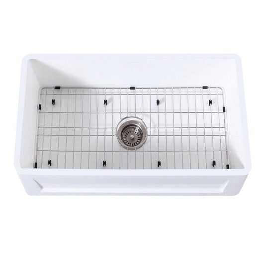 Top view of Kingston Brass 30" Apron Front Single Bowl Farmhouse Kitchen Sink - Solid Surface White Stone with grid.