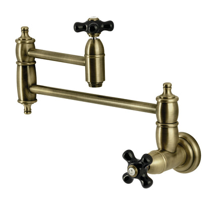 Kingston Brass KS3103PKX Duchess Wall Mount Pot Filler Faucet, Antique Brass with black porcelain handles.
