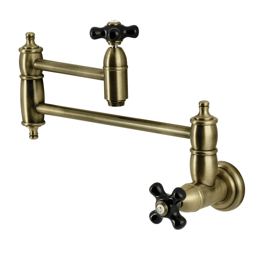 Kingston Brass KS3103PKX Duchess Wall Mount Pot Filler Faucet, Antique Brass with black porcelain handles.