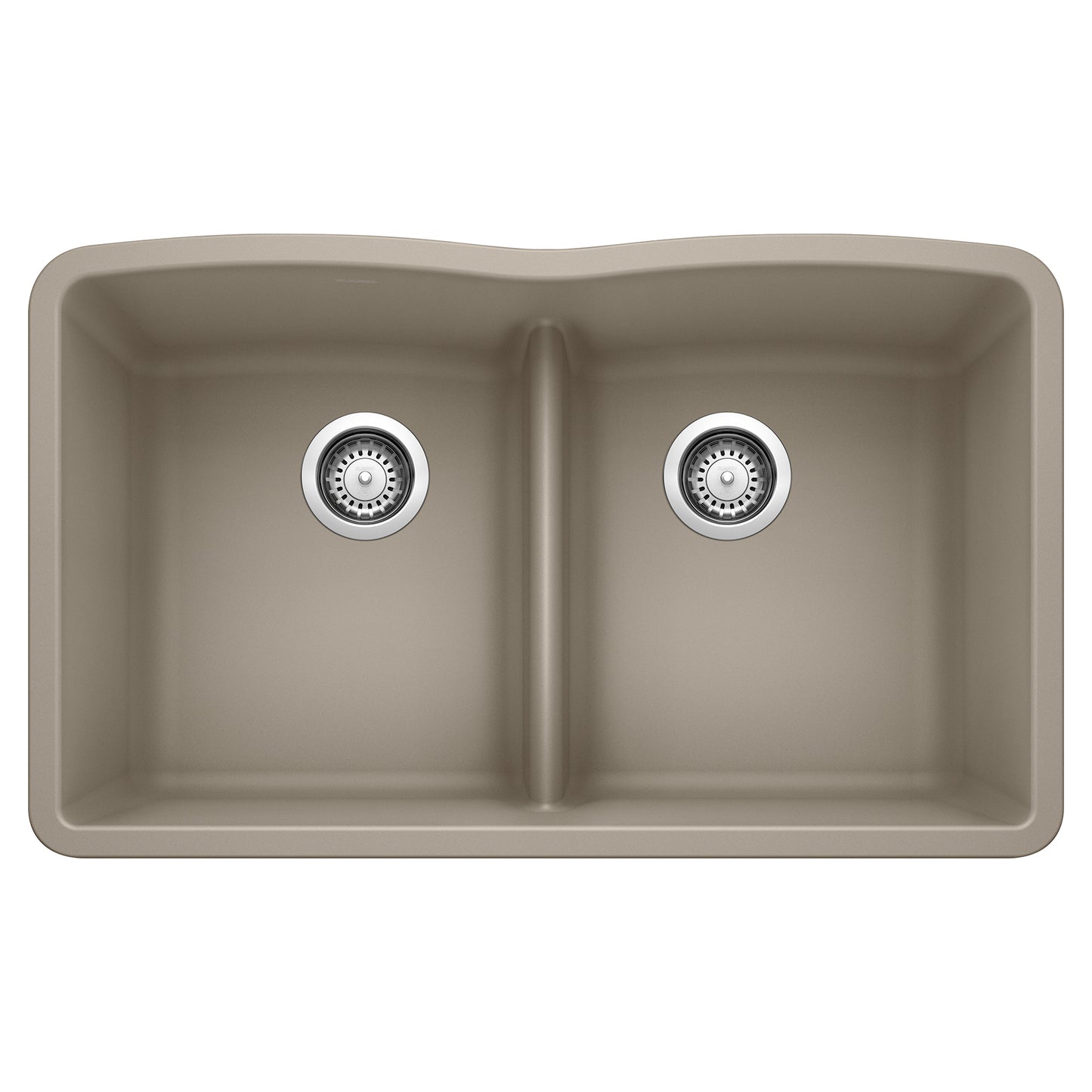 BLANCO Diamond SILGRANIT 32" 50/50 Double Bowl Undermount Kitchen Sink with Low Divide in a beige finish.