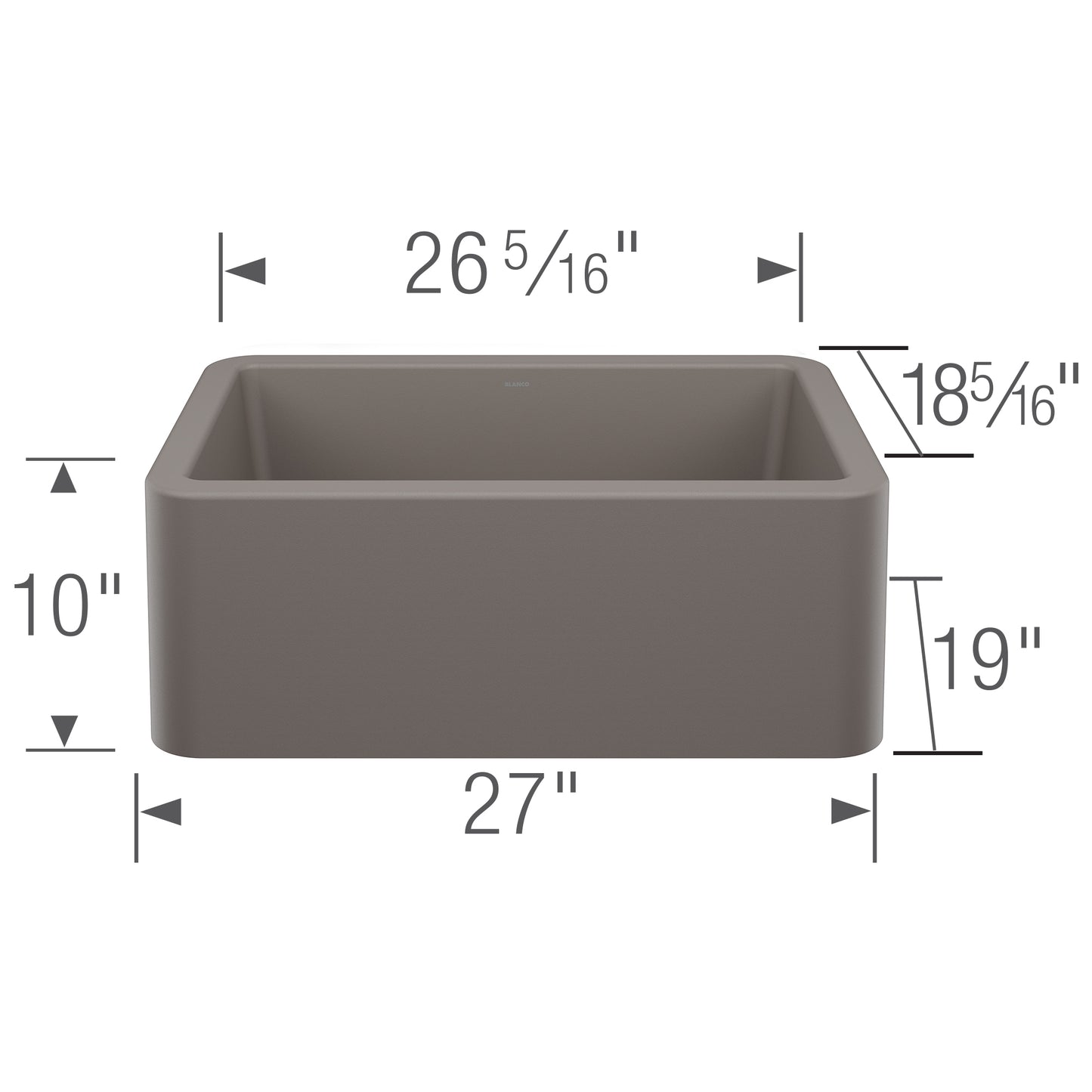 BLANCO Ikon SILGRANIT 27" Single Bowl Apron-Front Farmhouse Sink dimensions diagram showing measurements