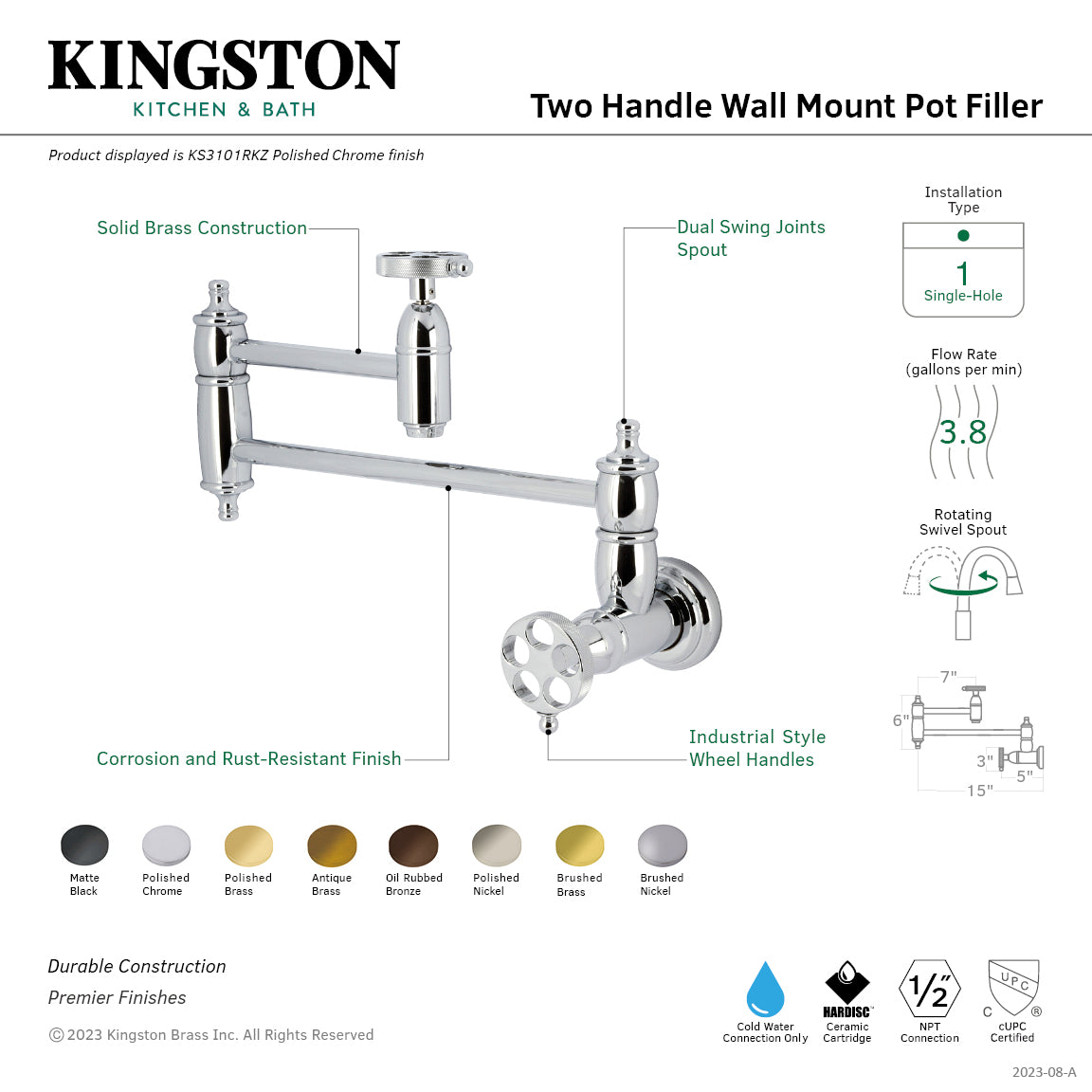 Kingston Brass KS3103RKZ Wendell Wall Mount Pot Filler Faucet with Knurled Handle, Antique Brass