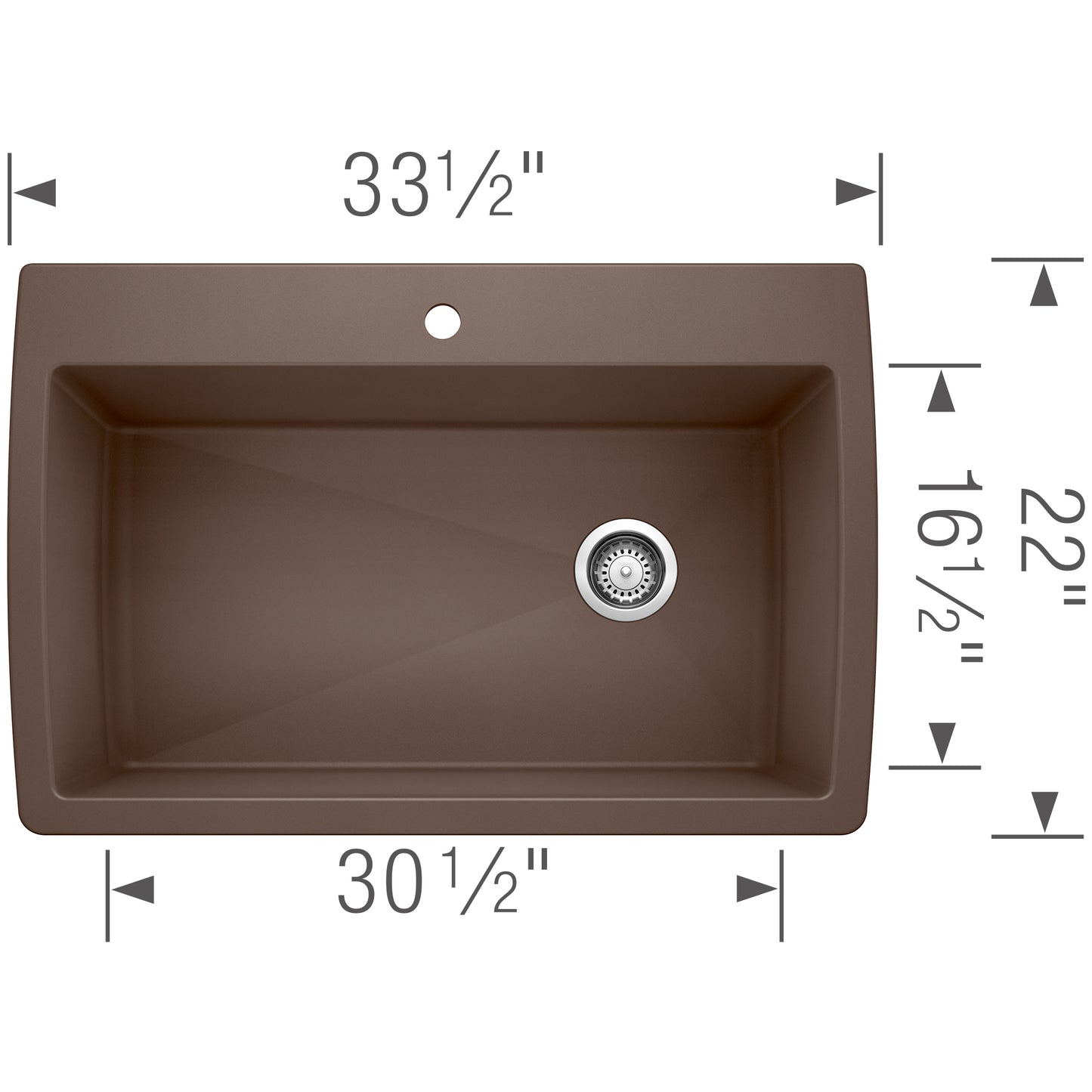 Top view dimensions of the BLANCO Diamond SILGRANIT 33.5" Super Single Dual Mount Kitchen Sink.