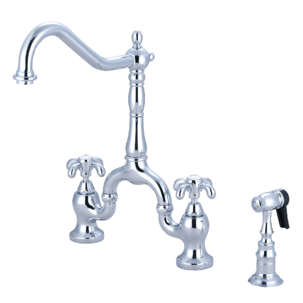 Kingston KS7753TXBS French Country Bridge Kitchen Faucet with Brass Sprayer, Antique Brass in polished chrome finish