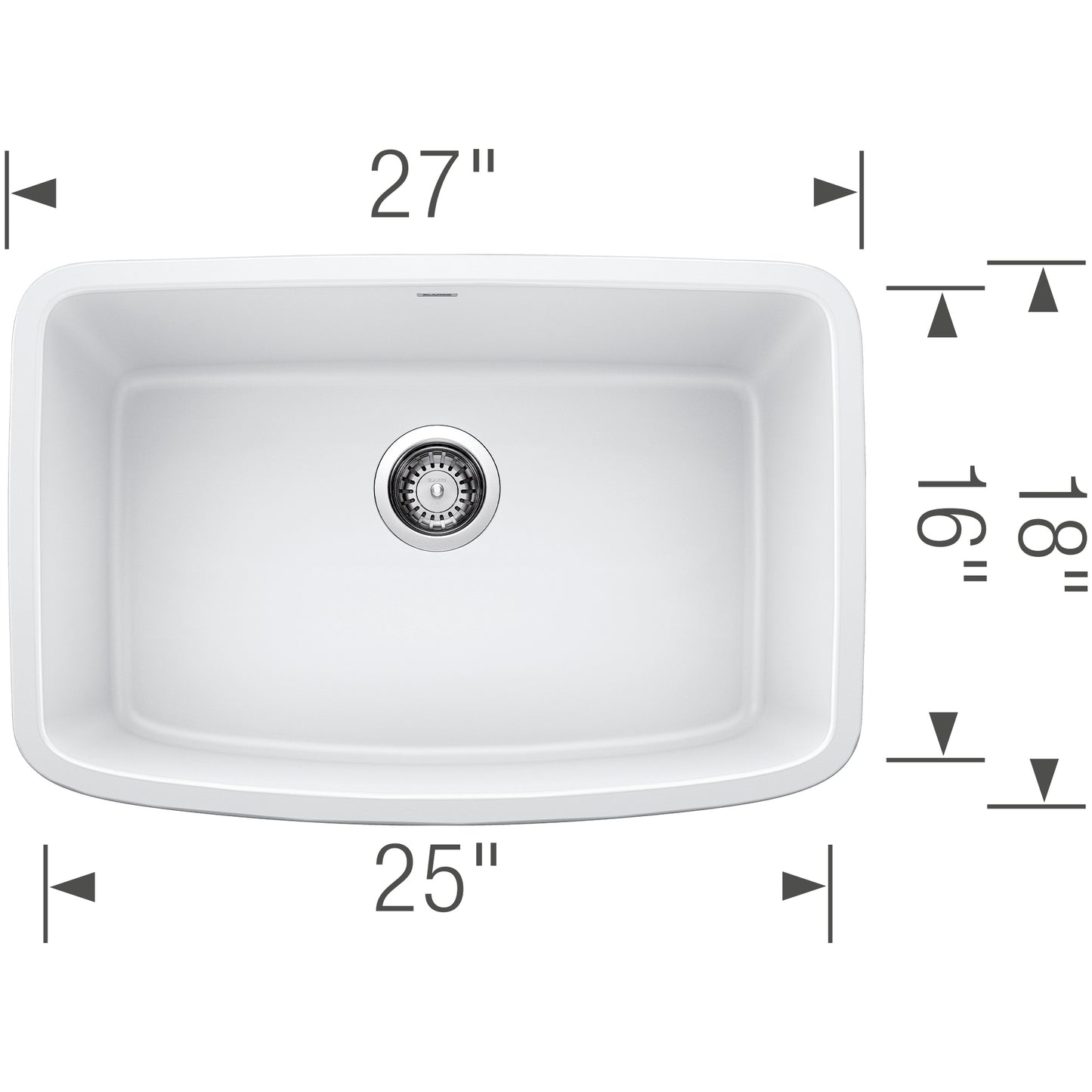 BLANCO Valea SILGRANIT 27" Single Bowl Undermount Kitchen Sink top view with dimensions displayed.