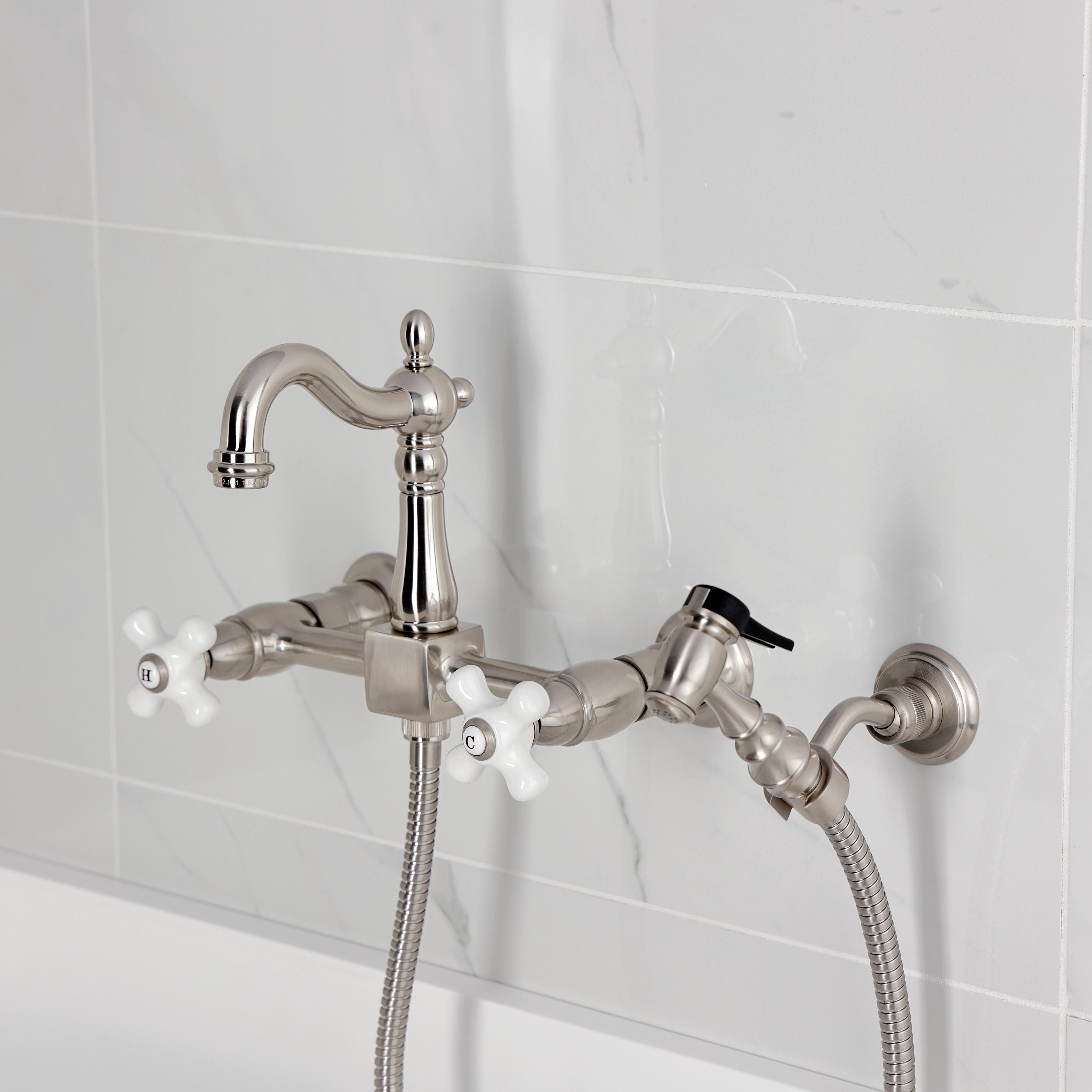 Kingston KS2443PXBS Heritage Two-Handle Wall Mount Bridge Kitchen Faucet with Brass Sprayer, Antique Brass