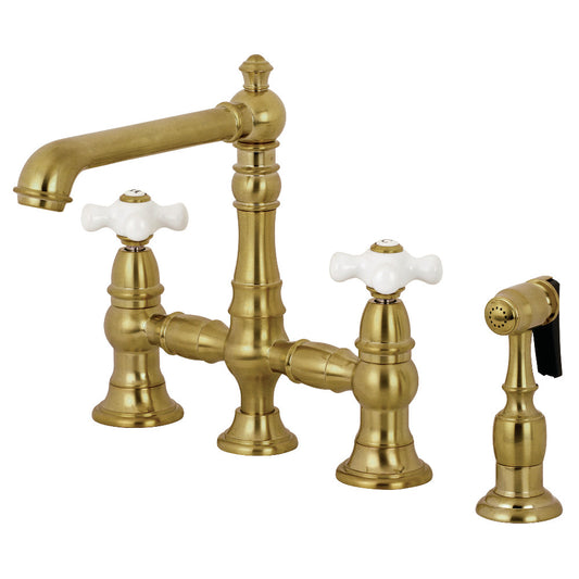 Kingston KS7277PXBS English Country Bridge Kitchen Faucet with Brass Sprayer, Brushed Brass finish.