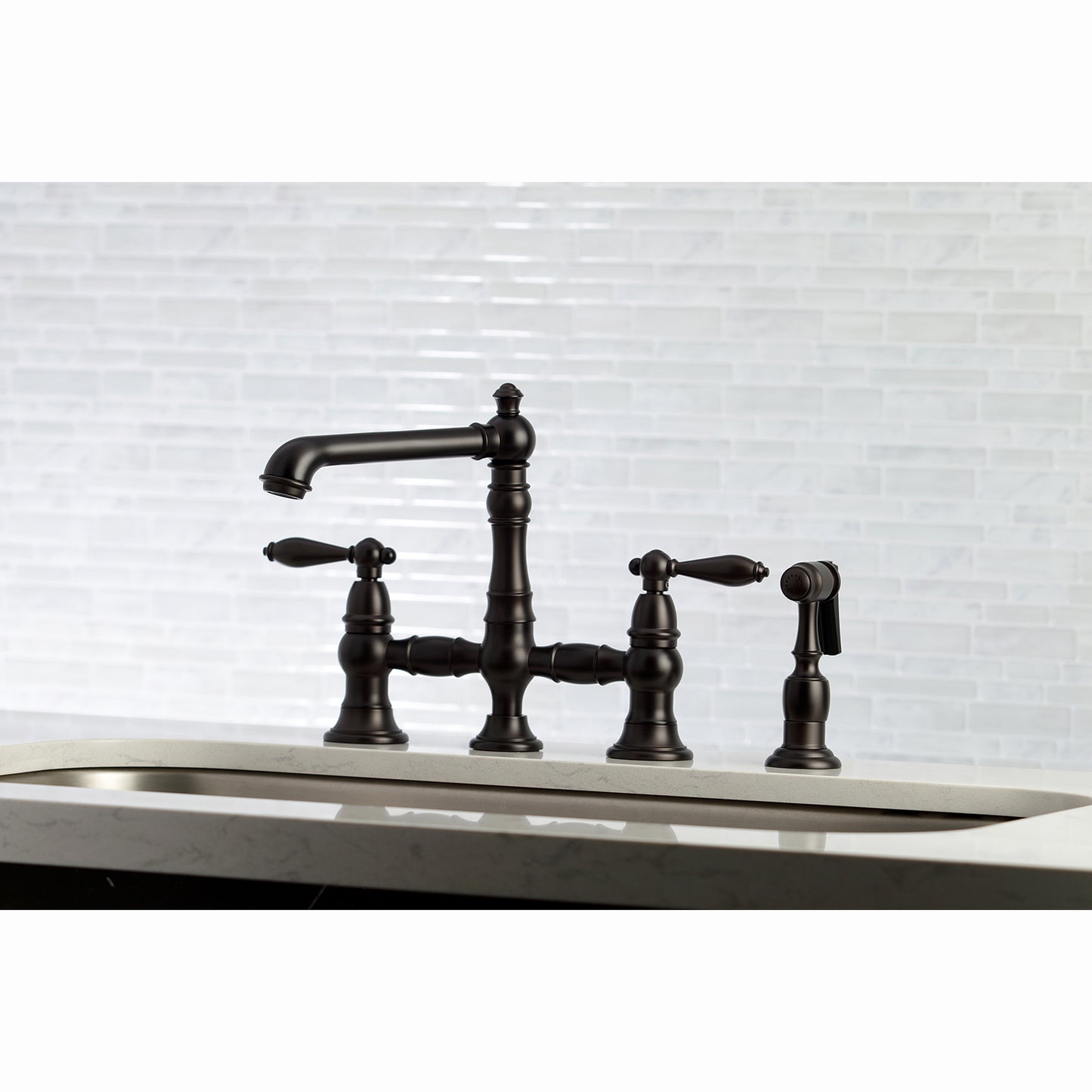 Kingston KS7277ALBS English Country Bridge Kitchen Faucet with Brass Sprayer, Brushed Brass