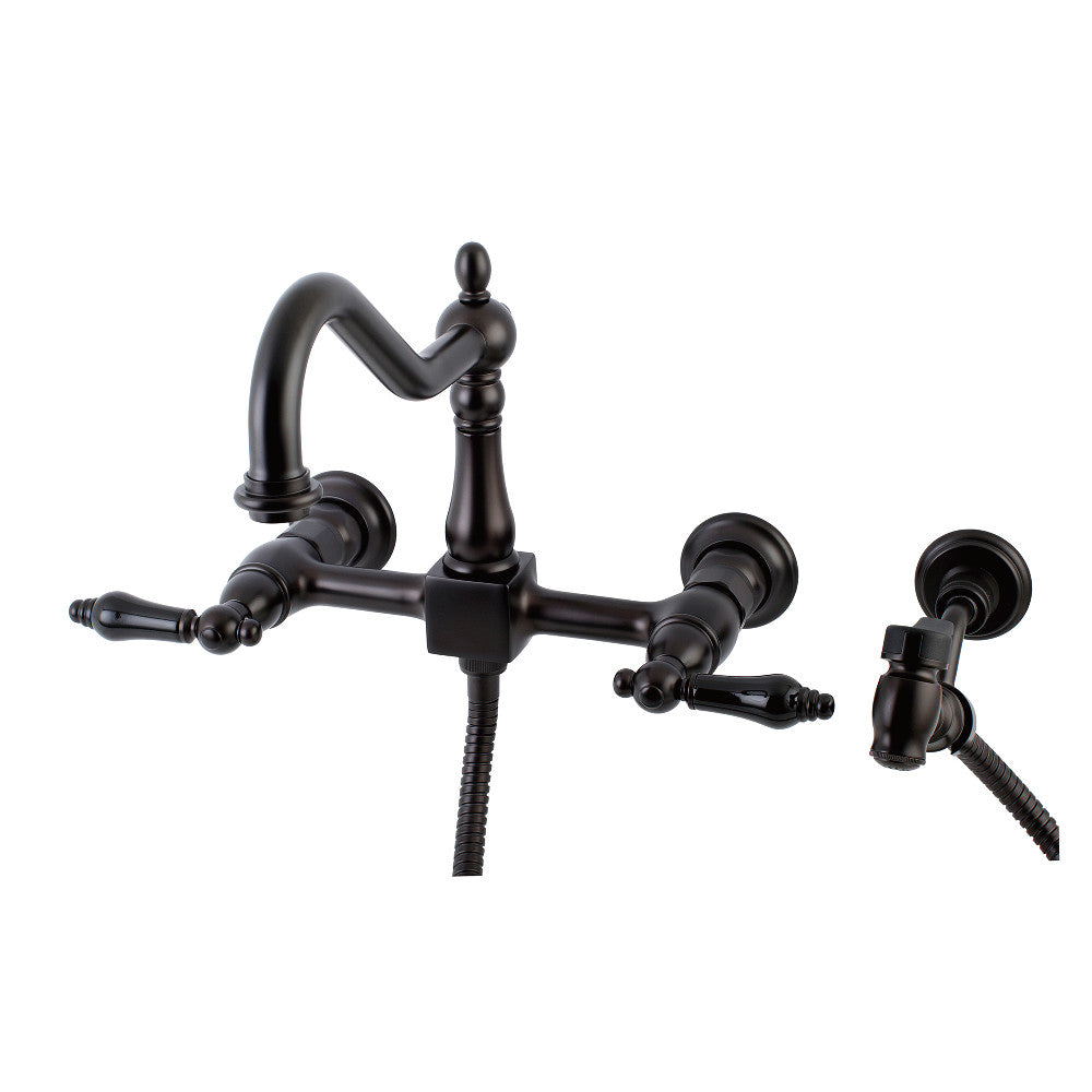 Kingston KS1243PKLBS Duchess Two-Handle Wall Mount Bridge Kitchen Faucet with Brass Sprayer, Antique Brass