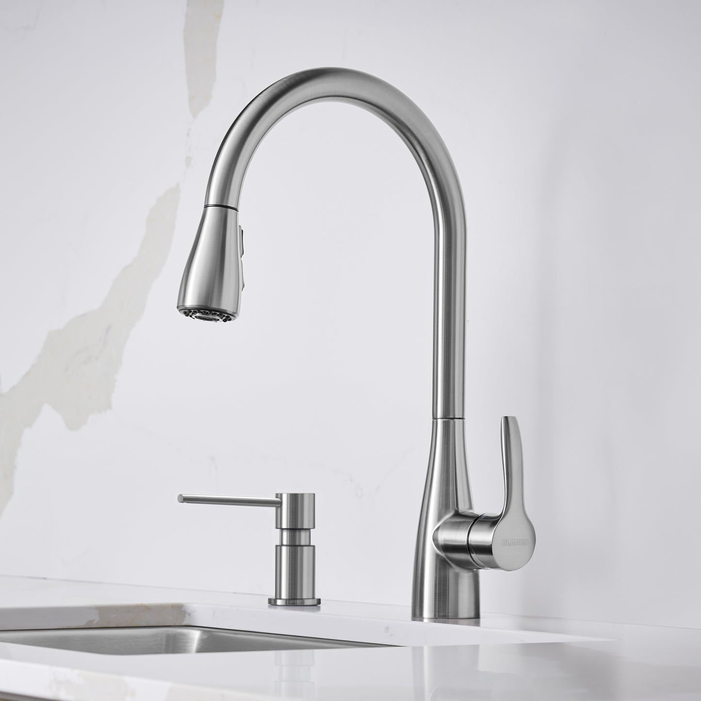 BLANCO Atura Pull-Down Dual-Spray Kitchen Faucet with sleek design and high-arc spout for kitchen sinks.