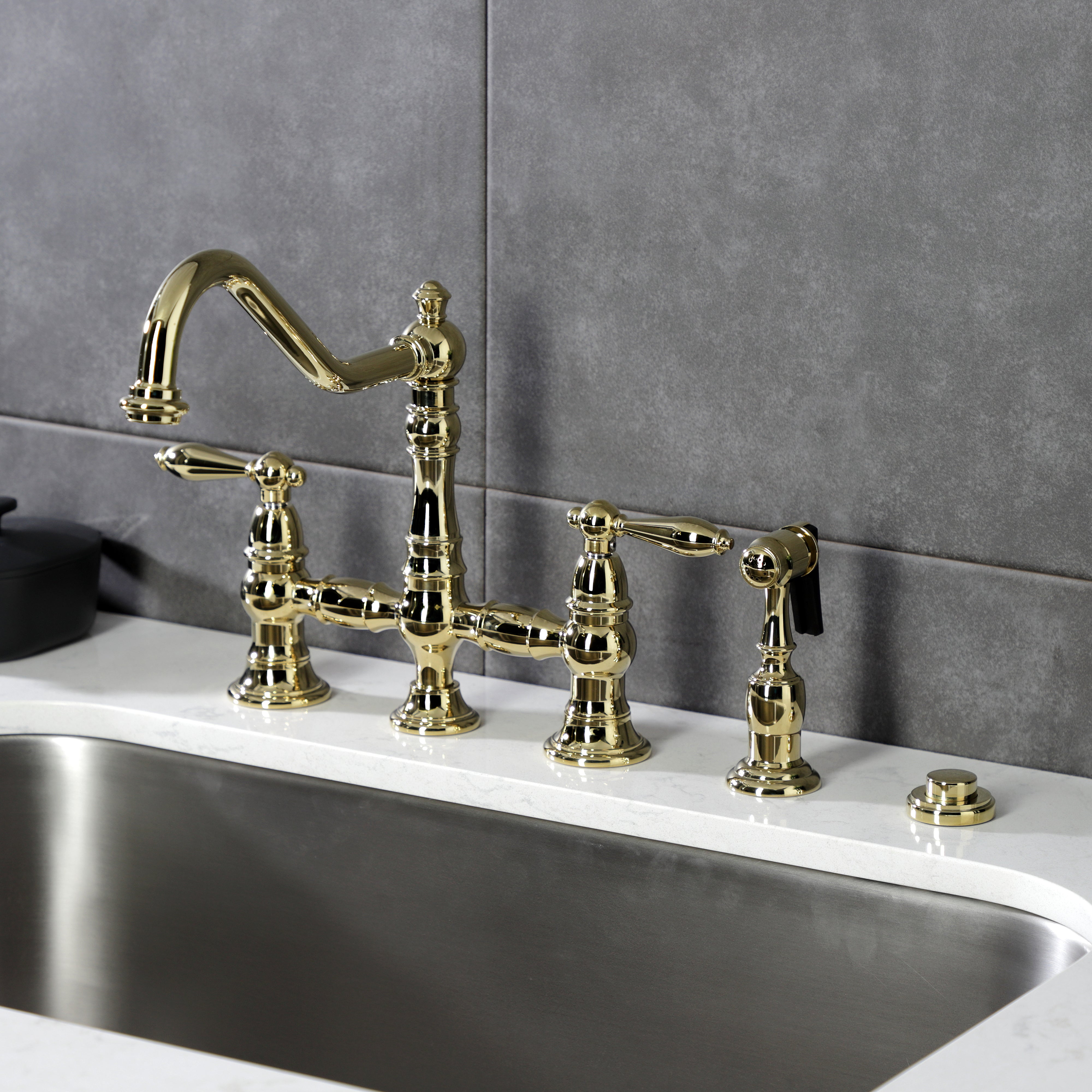 Kingston KS3277ALBS Restoration Bridge Kitchen Faucet with Brass Sprayer, Brushed Brass.