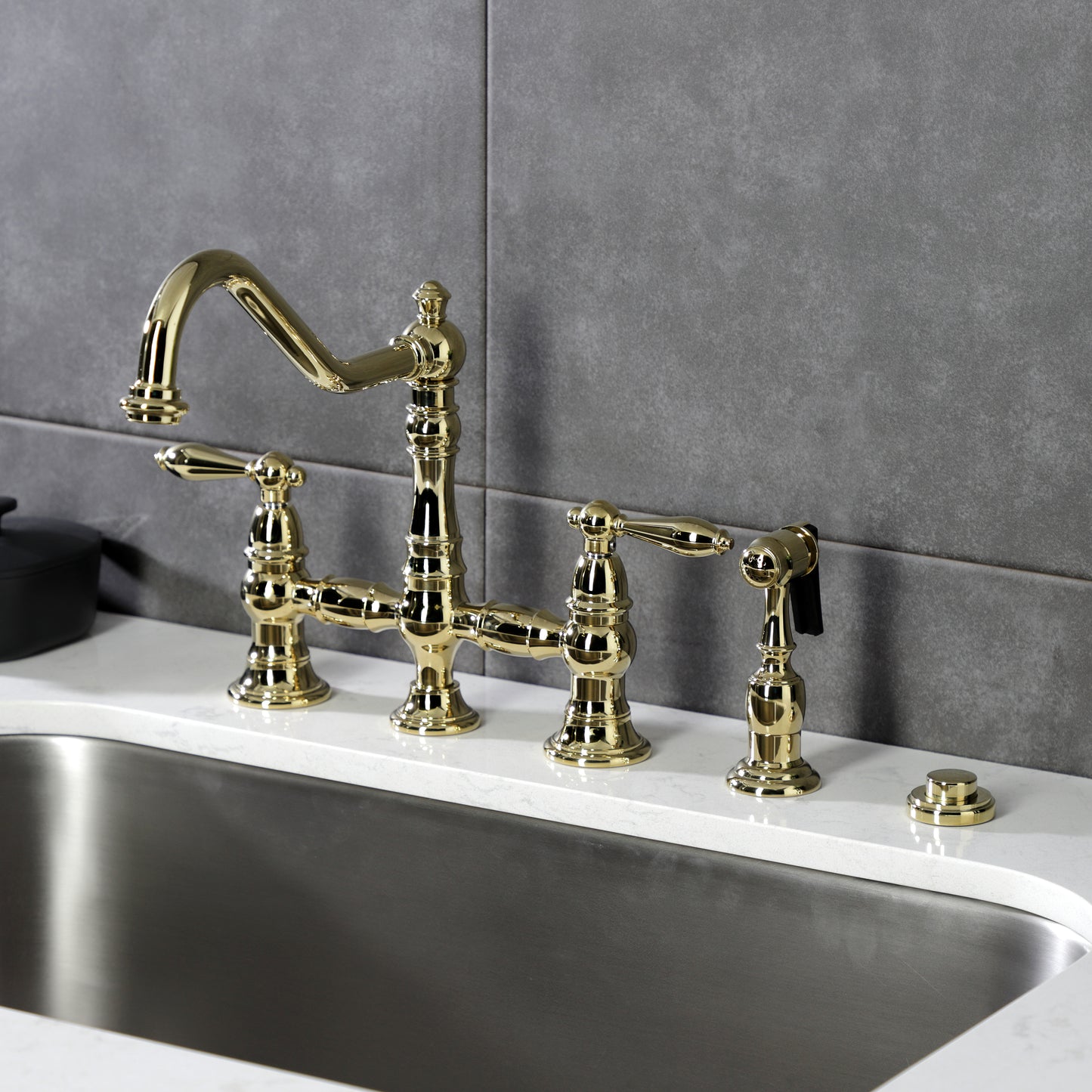 Kingston KS3277ALBS Restoration Bridge Kitchen Faucet with Brass Sprayer, Brushed Brass.
