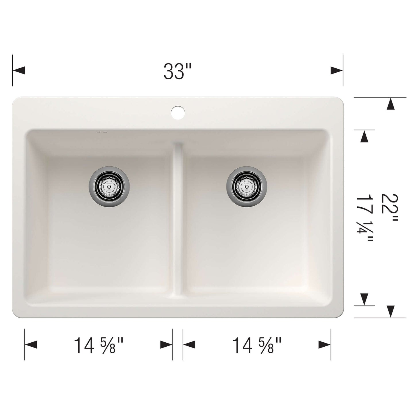 BLANCO Liven SILGRANIT 33" 50/50 Double Bowl Dual Mount Kitchen Sink with Low Divide top view including dimensions.