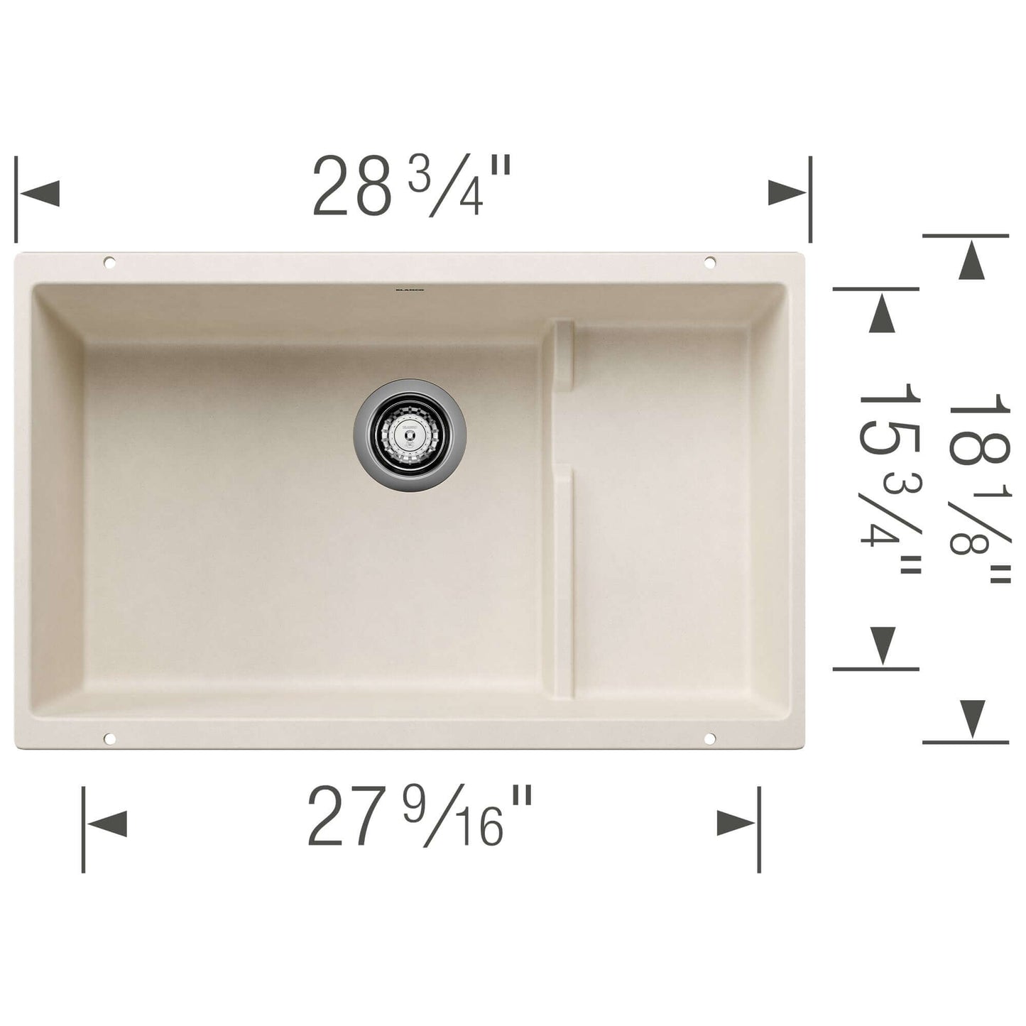 BLANCO Precis Cascade SILGRANIT 29" Single Bowl Undermount Kitchen Sink with Colander dimensions image