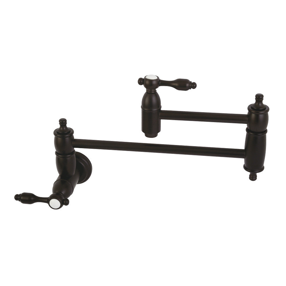 Kingston Brass KS3103TAL Tudor Wall Mount Pot Filler Faucet, Antique Brass with swing arms in Oil Rubbed Bronze finish.