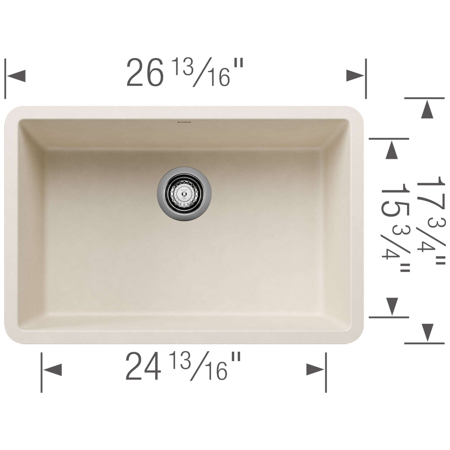 BLANCO PRECIS 27" SILGRANIT Single Bowl Undermount Sink dimensions top view with measurements shown.