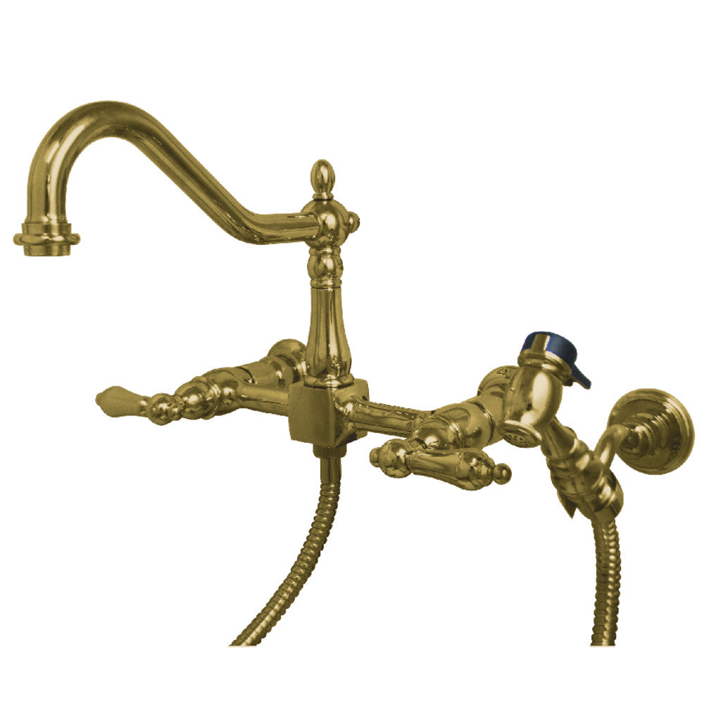 Kingston KS1243ALBS Heritage Two-Handle Wall Mount Bridge Kitchen Faucet with Brass Sprayer, Antique Brass.