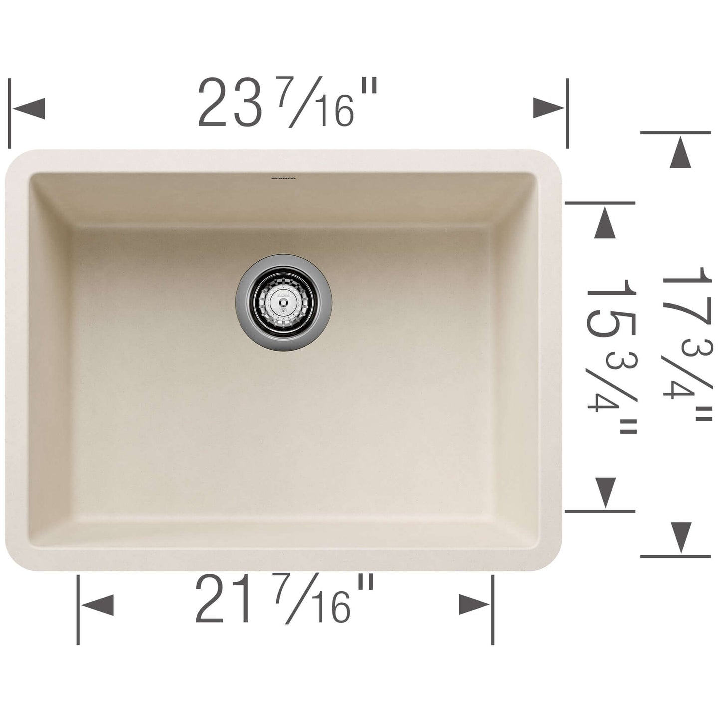 BLANCO PRECIS 24" SILGRANIT Compact Undermount Sink dimensions diagram showcasing size details.