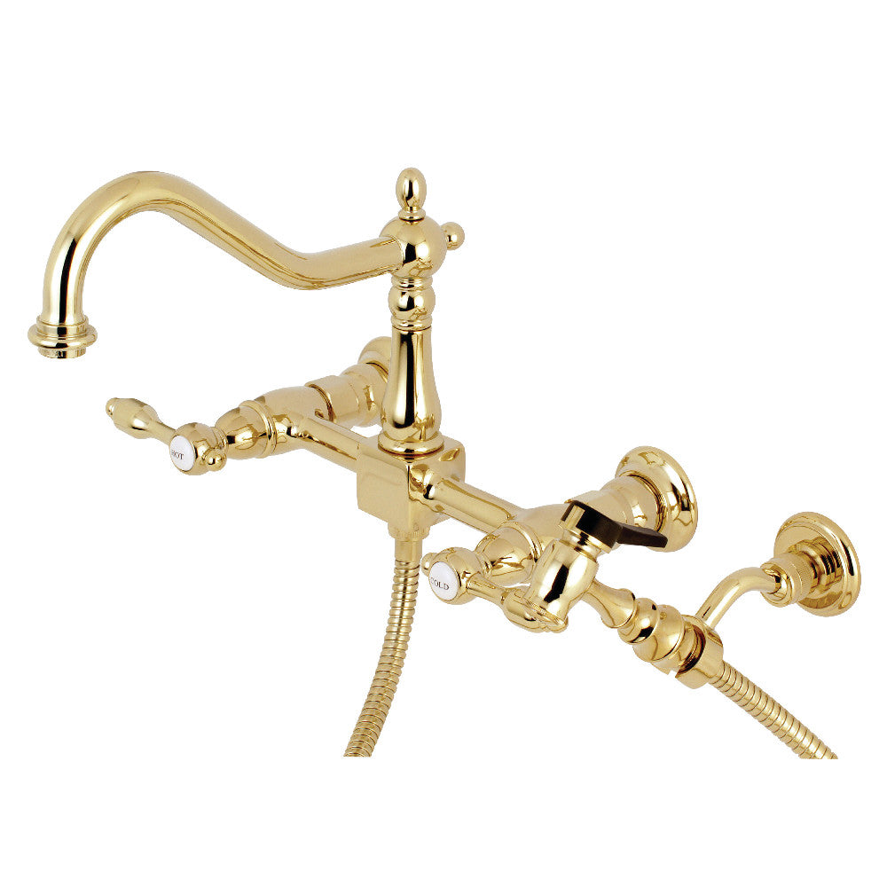 Kingston KS1248TALBS Tudor Two-Handle Wall Mount Bridge Kitchen Faucet with Brass Sprayer, Brushed Nickel, polished brass finish