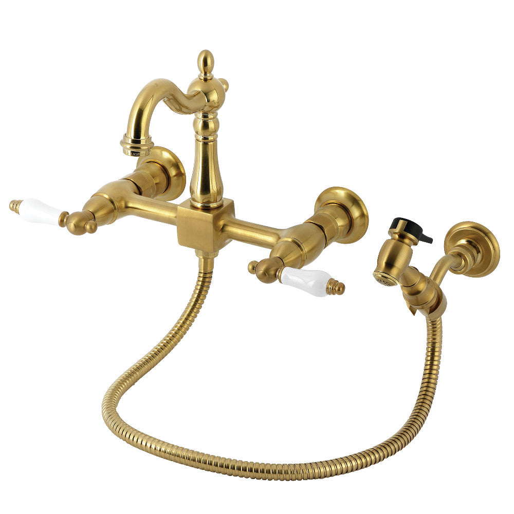 Kingston KS2443PLBS Heritage Two-Handle Wall Mount Bridge Kitchen Faucet with Brass Sprayer, Antique Brass