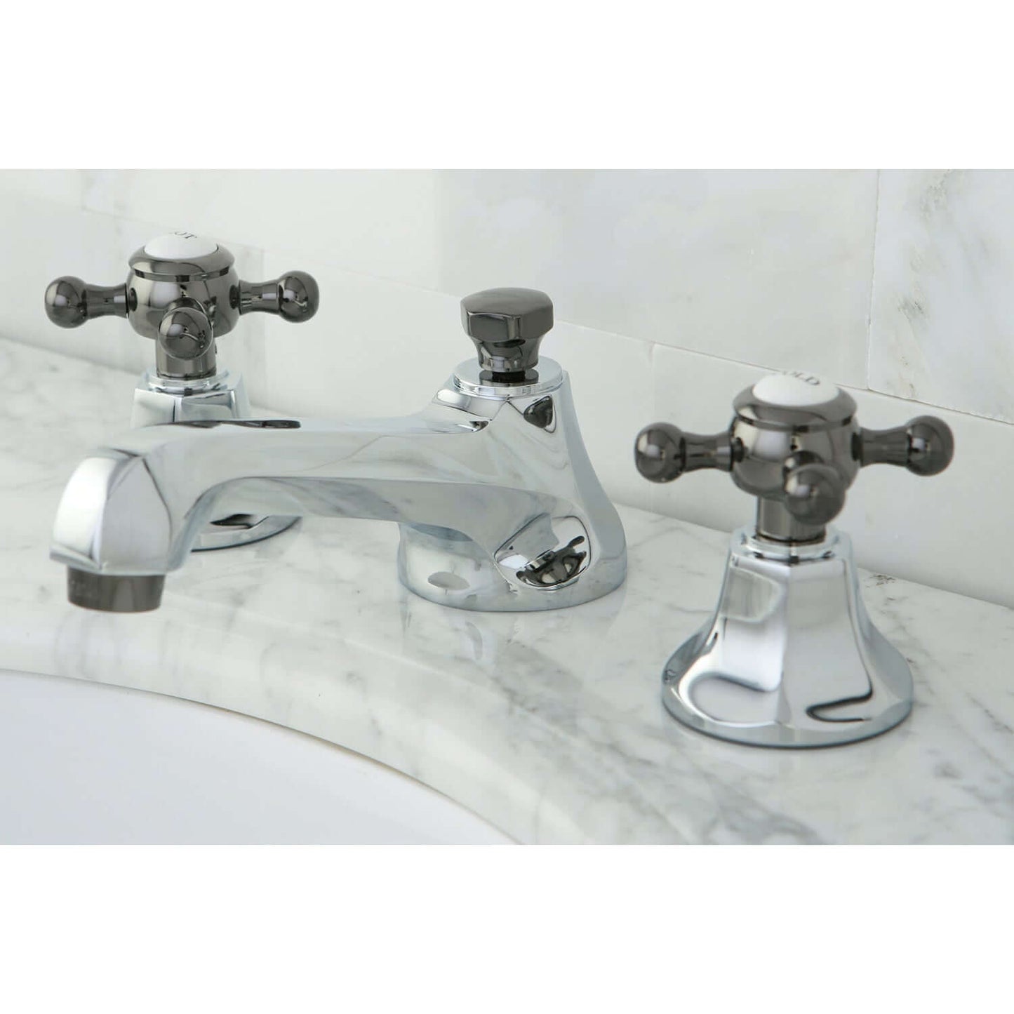 Kingston Brass NS4460BX Water Onyx Widespread Bathroom Faucet left side view with cross handles and sleek design.