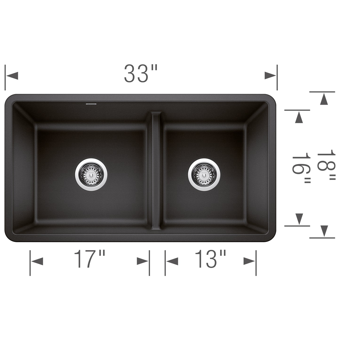 BLANCO Precis SILGRANIT 33" 60/40 Reversible Double Bowl Undermount Kitchen Sink with Low Divide dimensions