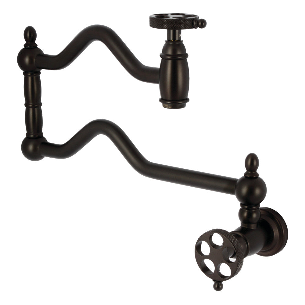 Kingston Brass KS2107RKX Webb Wall Mount Pot Filler Faucet with Knurled Handle, Brushed Brass in Oil Rubbed Bronze finish