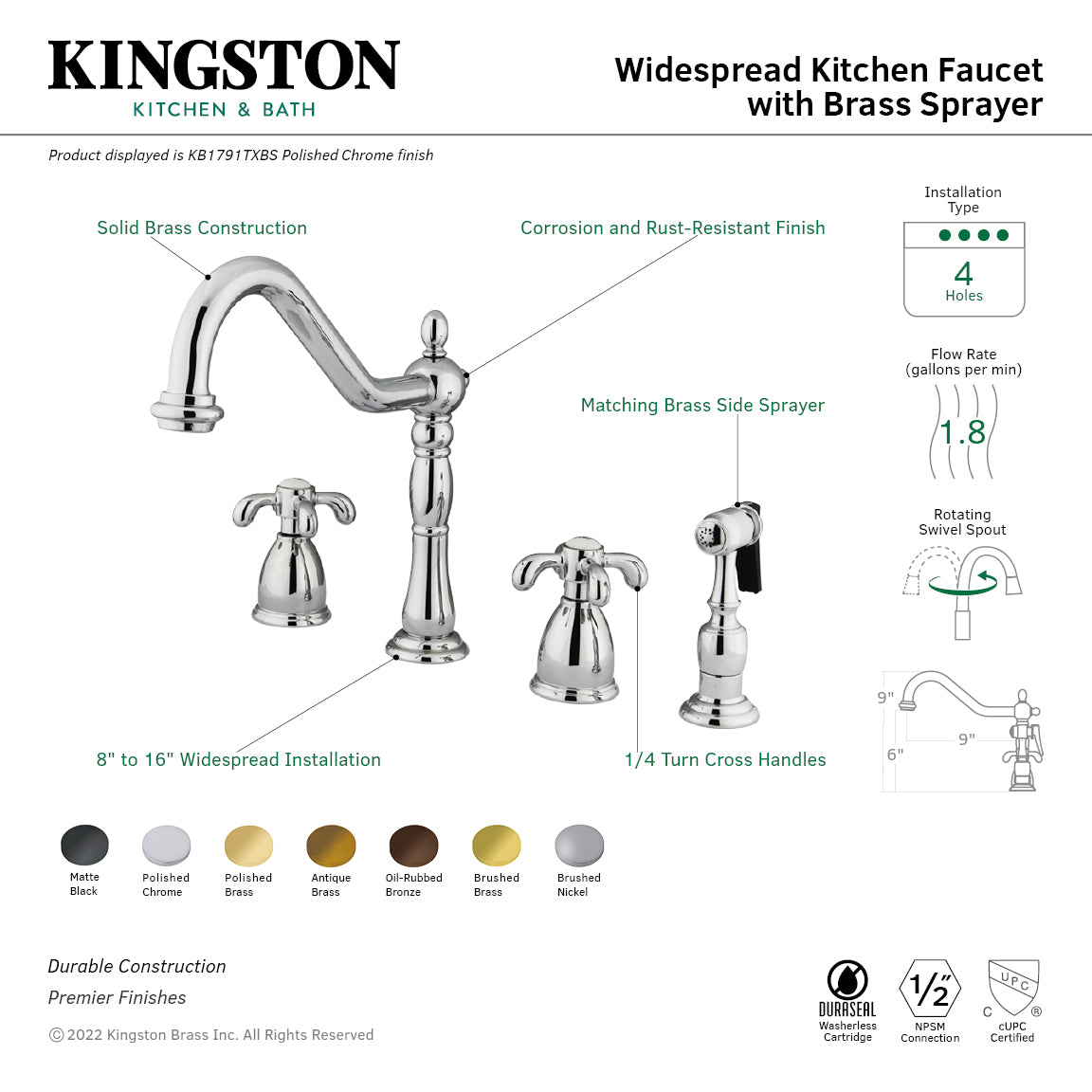 Kingston Brass KB1793TXBS French Country Double-Handle Widespread Kitchen Faucet with Brass Sprayer, Antique Brass