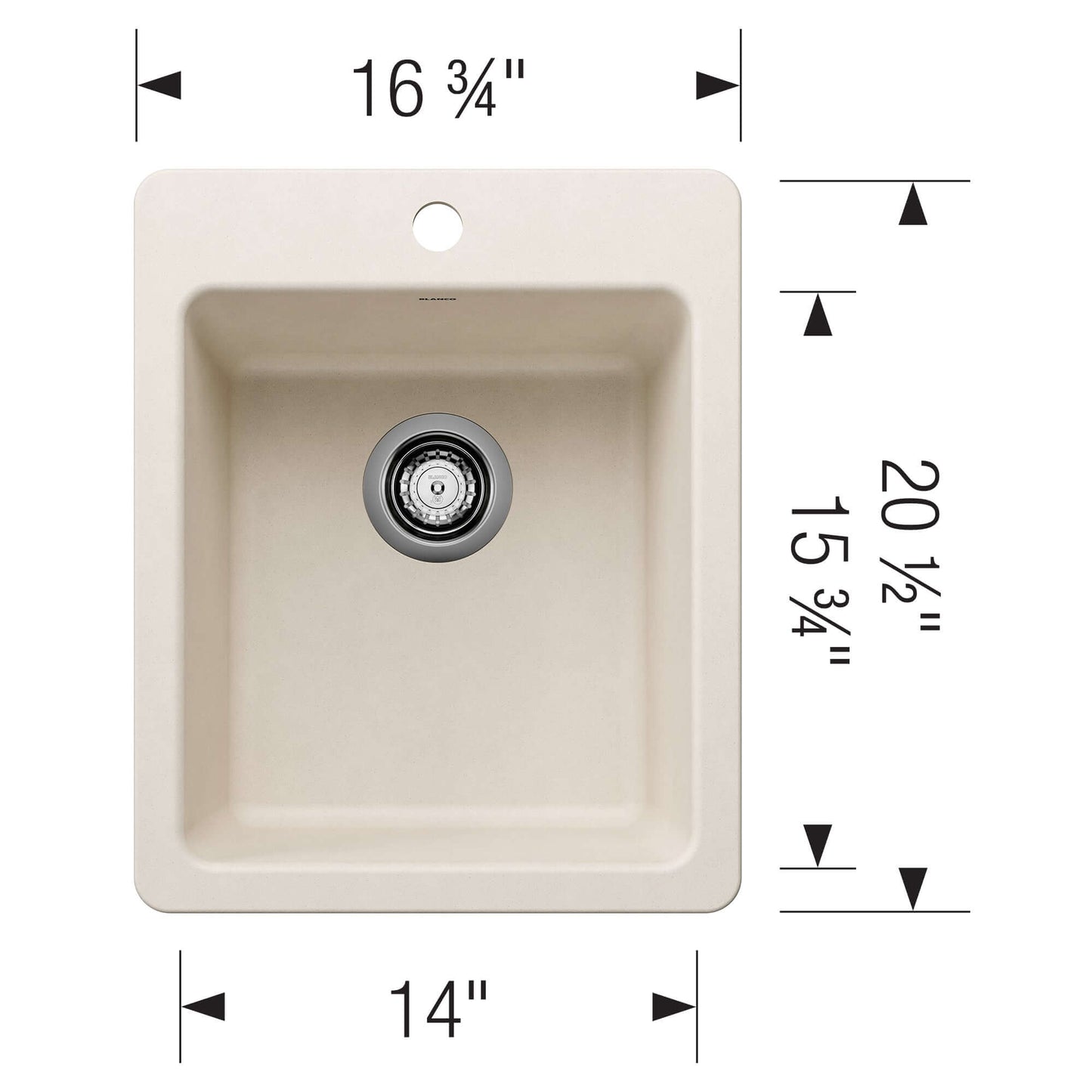 BLANCO Liven SILGRANIT 17" Dual Mount Bar Sink dimensions showing 16.75" width, 14" length, and 20.5" height.