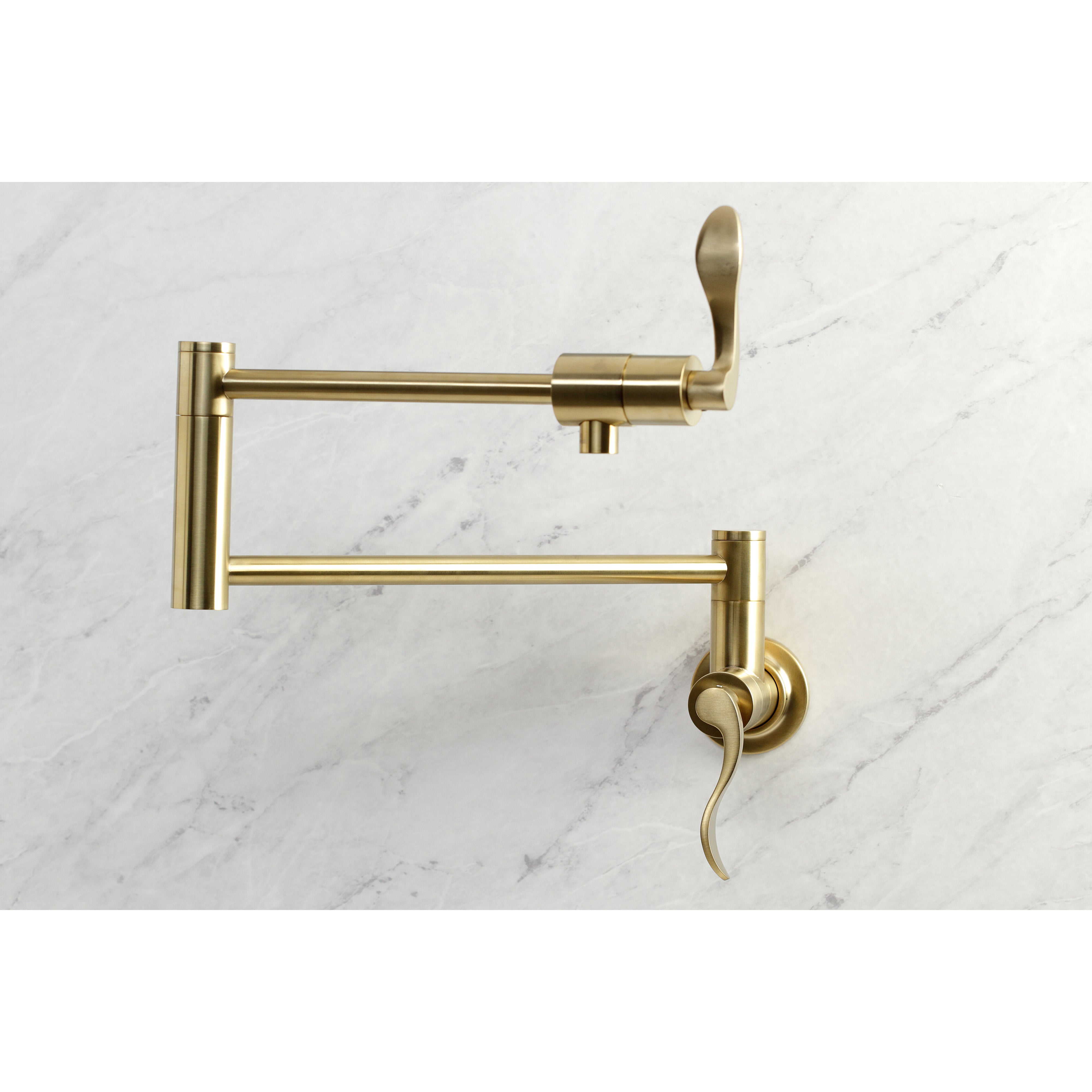 Kingston Brass KS4103DFL NuWave Wall Mount Pot Filler Faucet, Antique Brass image showcasing the foldable swing arms.