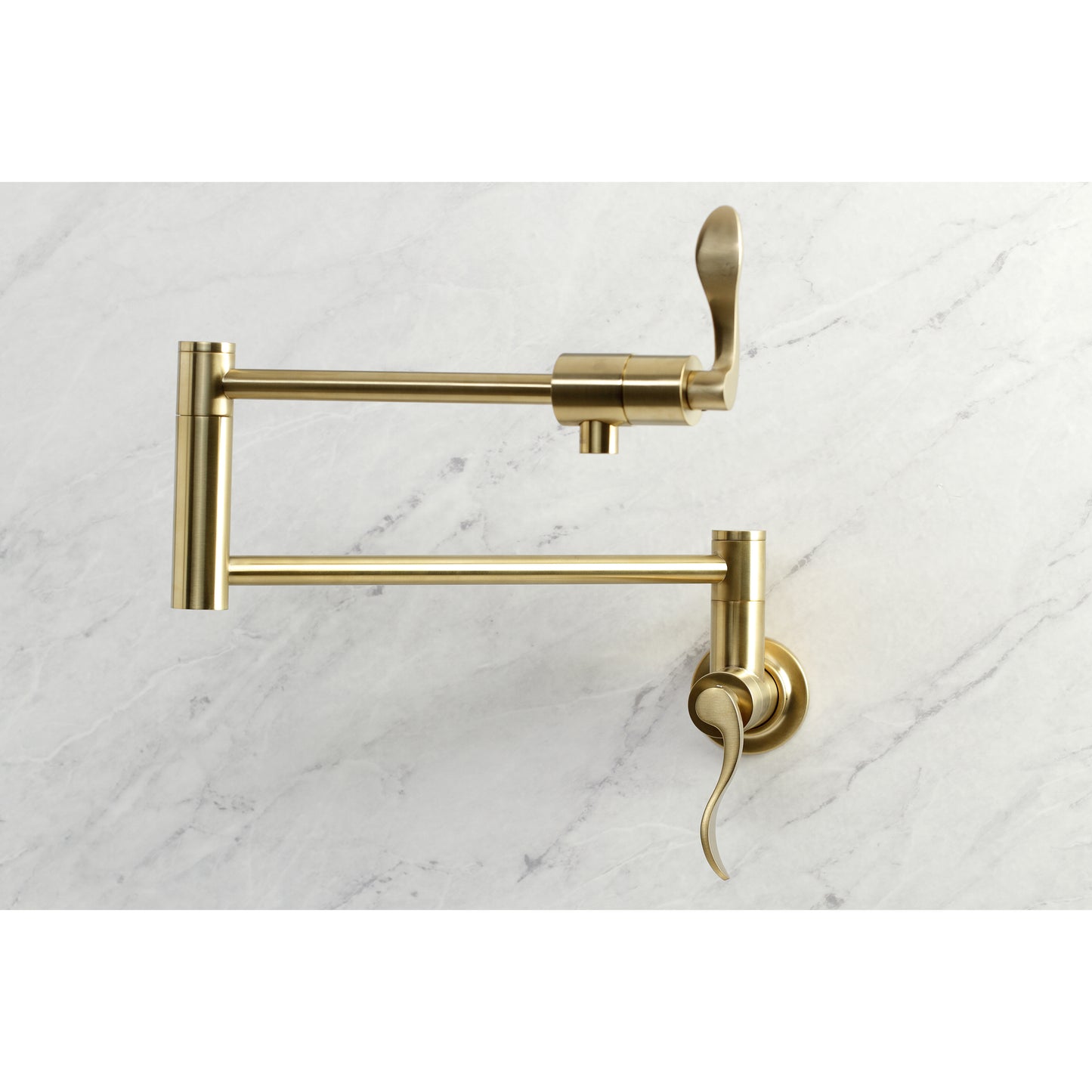Kingston Brass KS4103DFL NuWave Wall Mount Pot Filler Faucet, Antique Brass image showcasing the foldable swing arms.