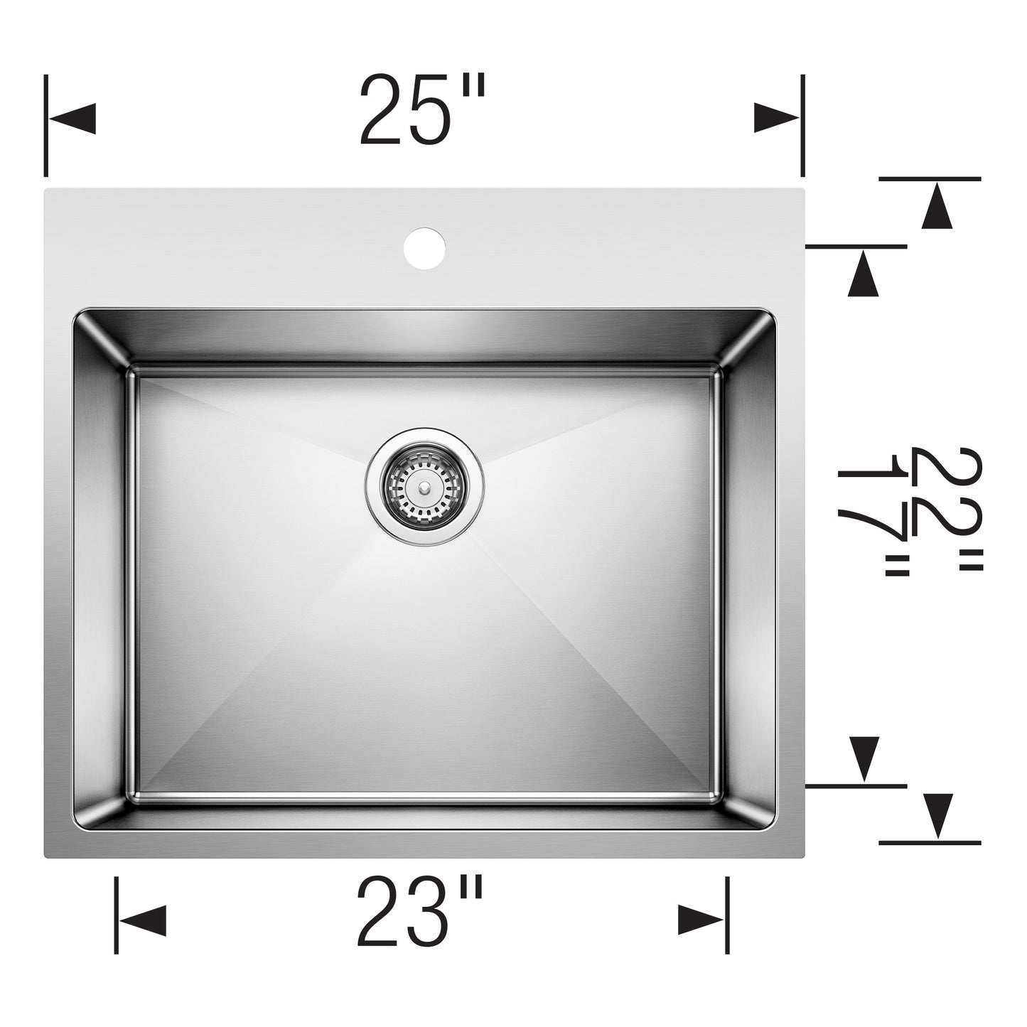 BLANCO Quatrus R15 25" Single Bowl Dual Mount Stainless Steel Laundry Sink dimensions illustration.