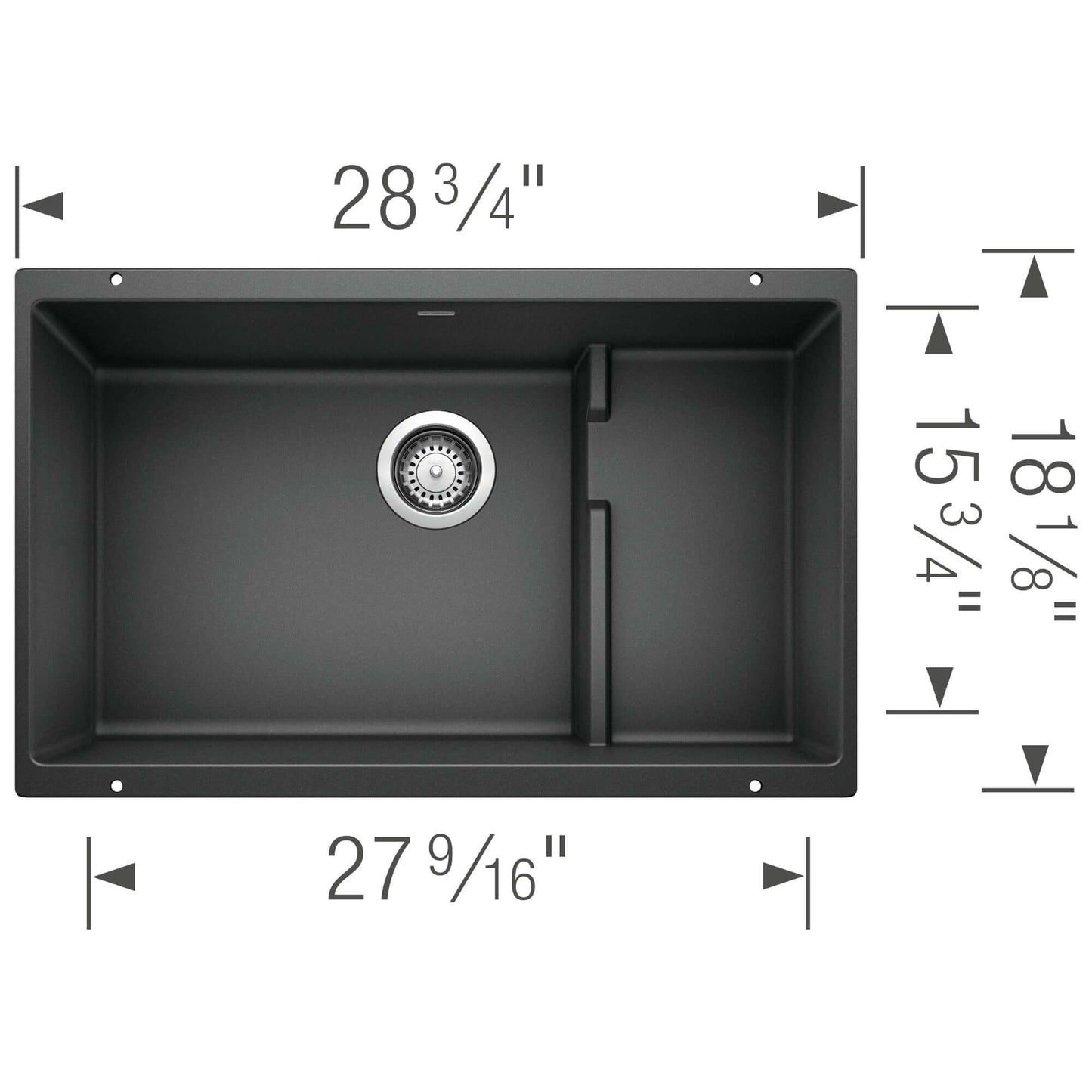 BLANCO Precis Cascade SILGRANIT 29" Single Bowl Undermount Kitchen Sink with Colander dimensions and features