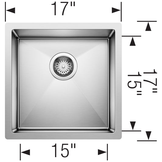 BLANCO Precision R10 17" Undermount Stainless Steel Bar Sink top view with dimensions