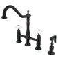 Kingston Brass Heritage Bridge Kitchen Faucet with Brass Sprayer and Cross Handles in Oil Rubbed Bronze finish.