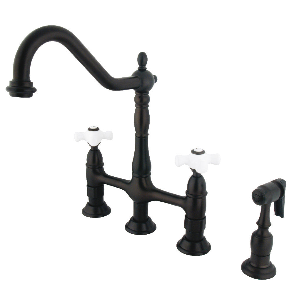 Kingston Brass Heritage Bridge Kitchen Faucet with Brass Sprayer and Cross Handles in Oil Rubbed Bronze finish.