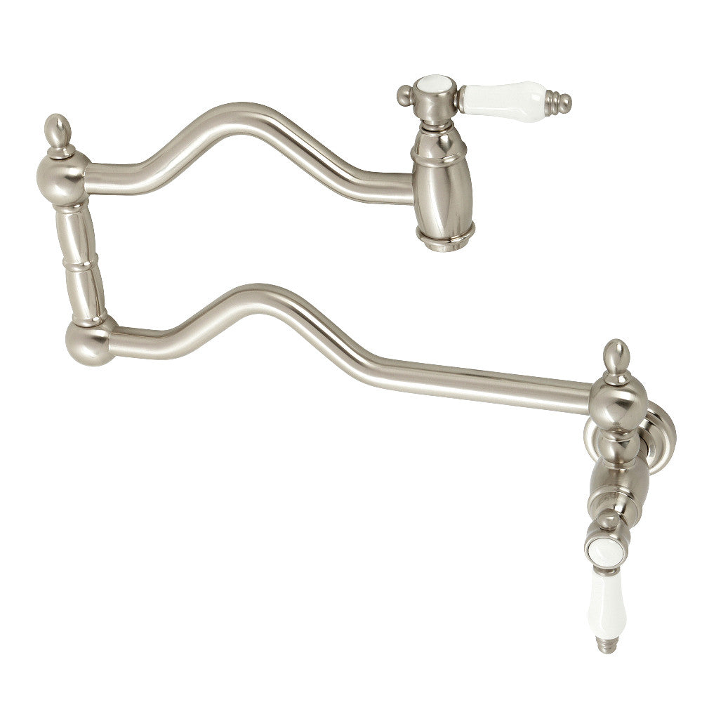 Kingston Brass KS2107BPL Bel-Air Wall Mount Pot Filler Faucet, Brushed Brass with porcelain levers and swing arms