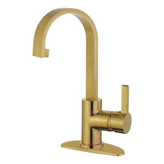 Kingston Brass LS8613CTL Continental Single-Handle Bar Faucet right side view showcasing elegant gooseneck design in brushed brass.