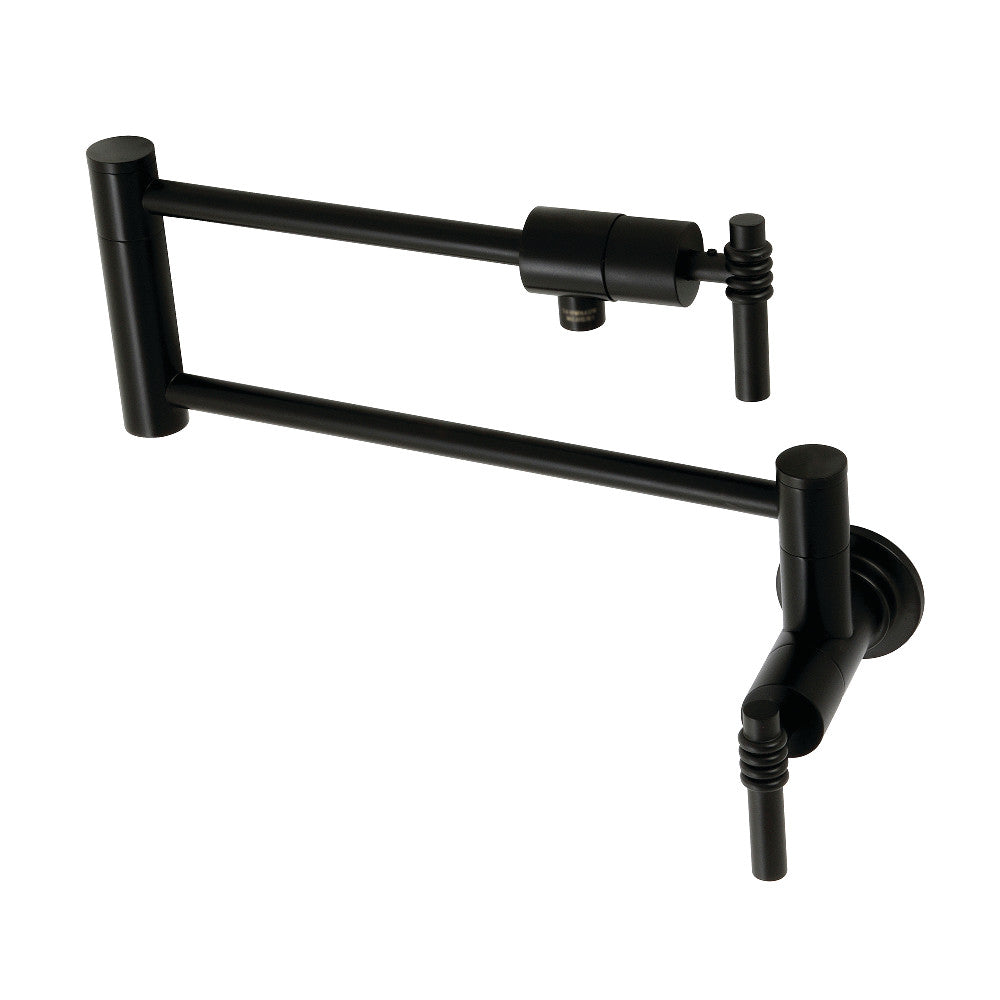Kingston Brass KS4103ML Milano Wall Mount Pot Filler Faucet, Antique Brass in Matte Black finish with foldable swing arms.