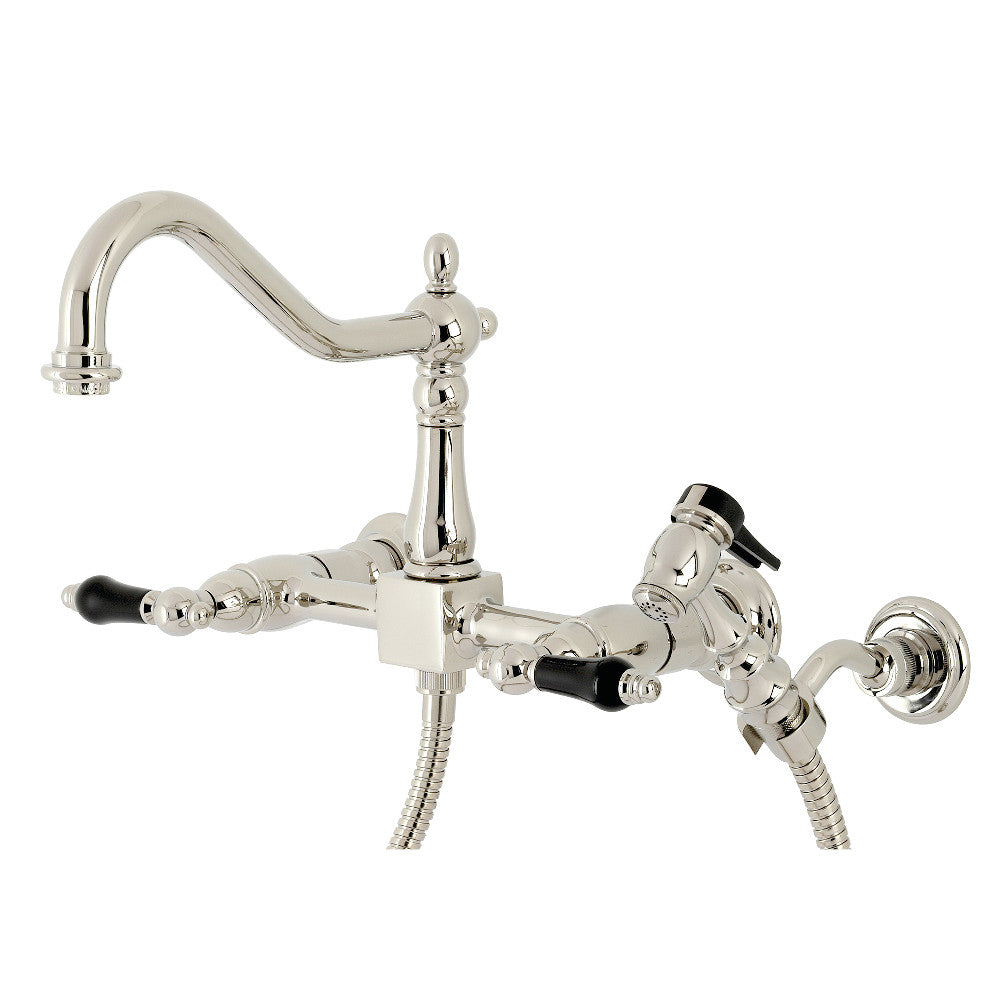 Kingston KS1243PKLBS Duchess Two-Handle Wall Mount Bridge Kitchen Faucet with Brass Sprayer, Antique Brass