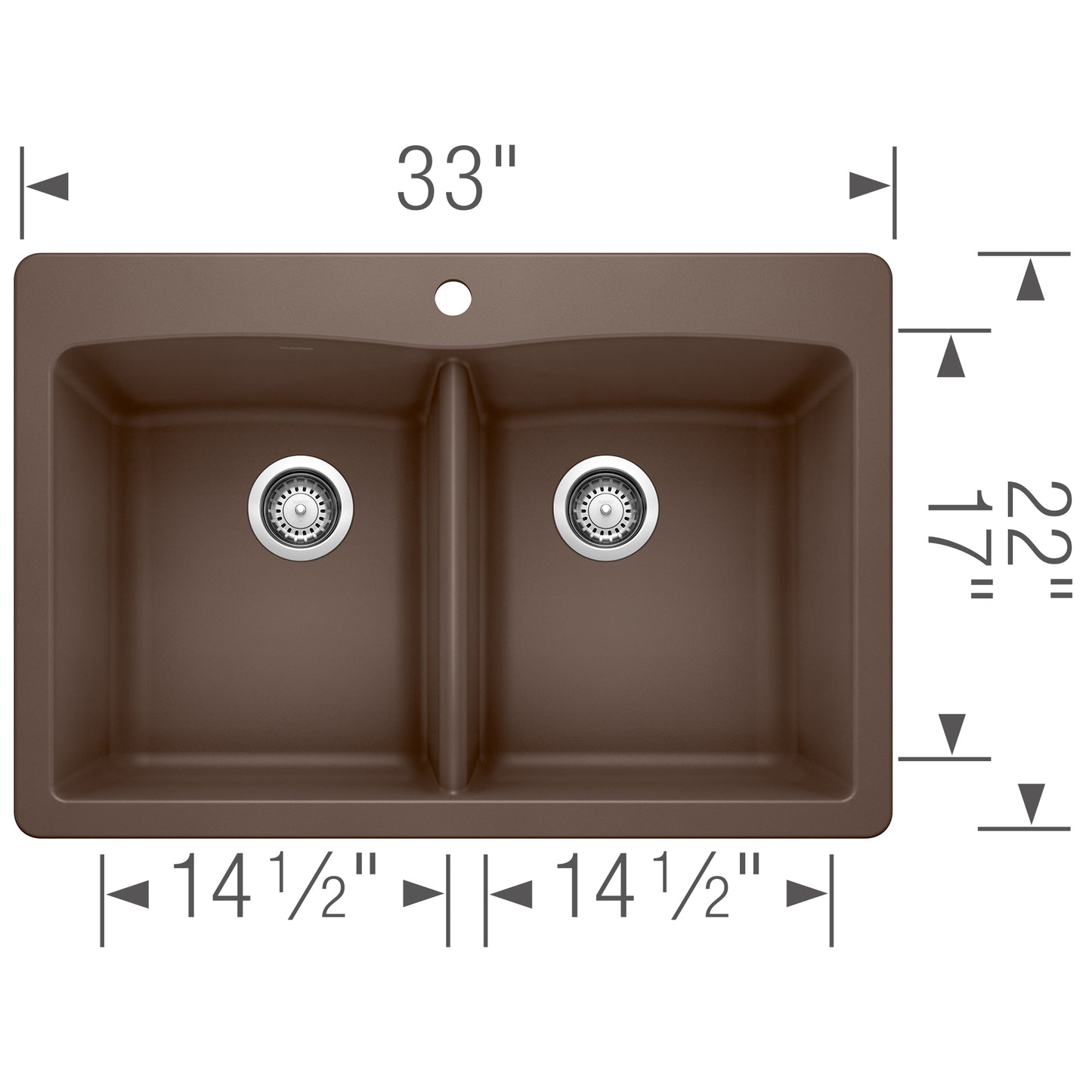 BLANCO Diamond SILGRANIT 33" 50/50 Double Bowl Dual Mount Kitchen Sink top view with measurements.
