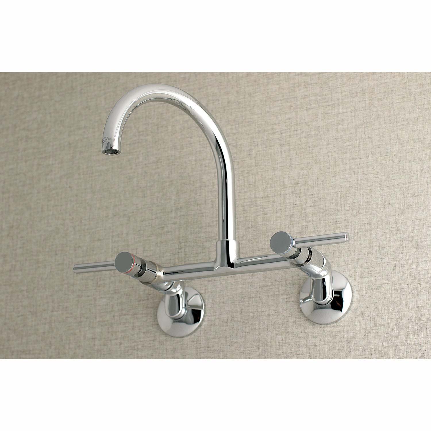 Kingston Brass KS814SB Concord Wall Mount Bridge Kitchen Faucet in chrome finish with gooseneck design.