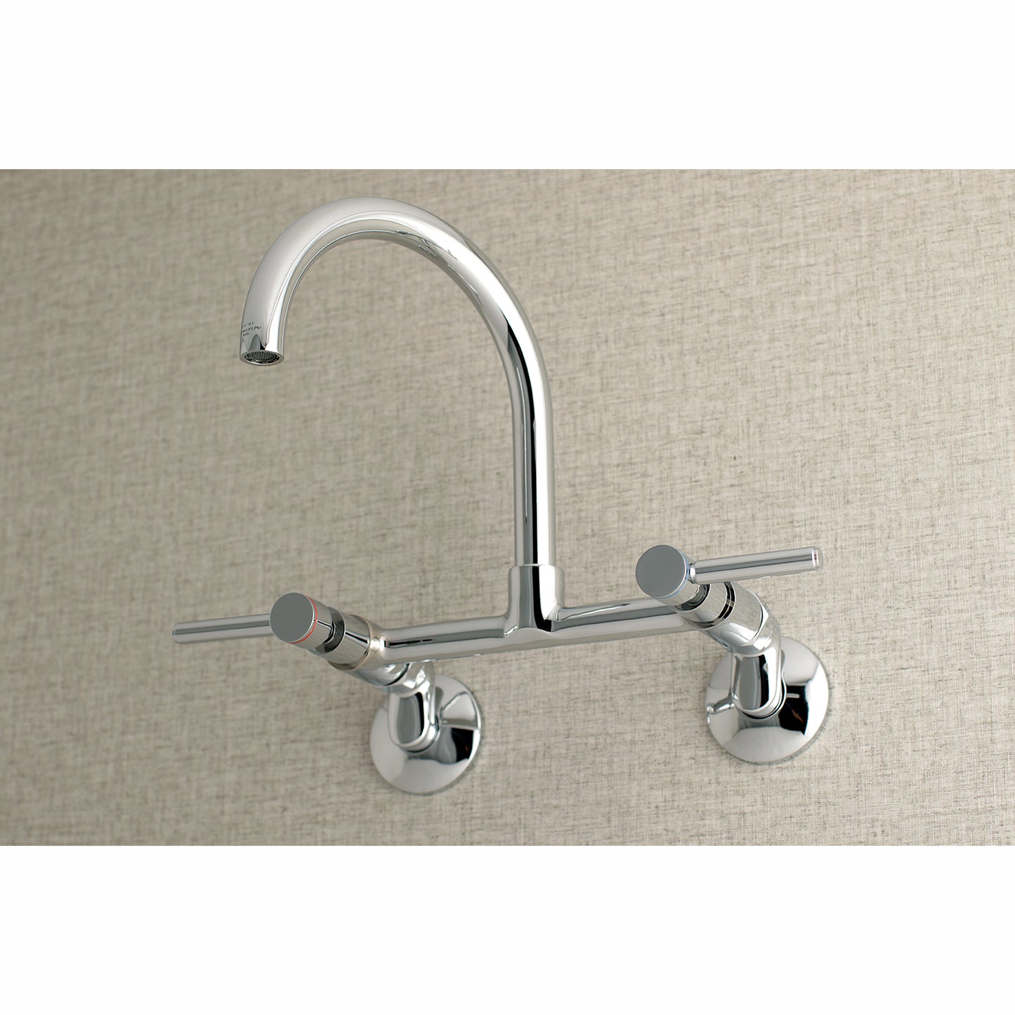 Kingston Brass KS814SB Concord Wall Mount Bridge Kitchen Faucet in chrome finish with gooseneck design.