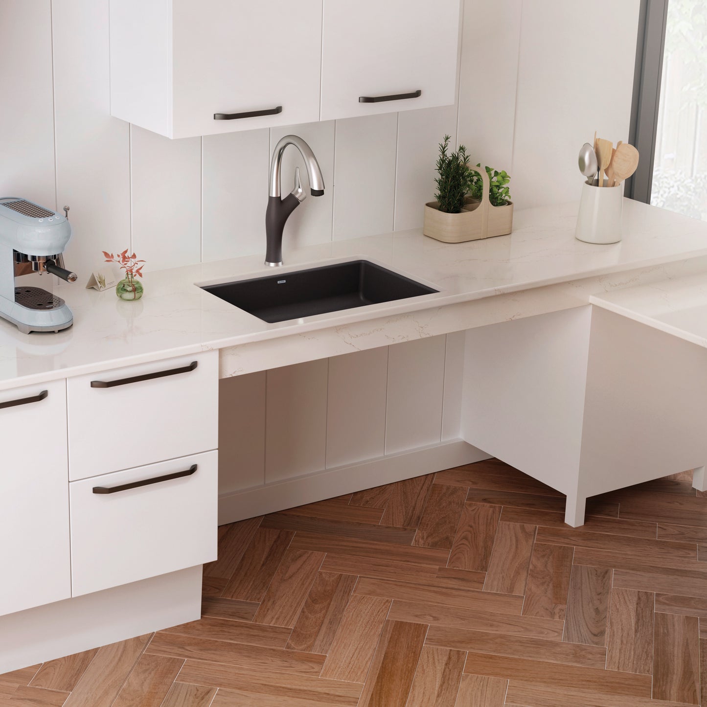 BLANCO Precis SILGRANIT 25" ADA Single Bowl Undermount Kitchen Sink in modern kitchen with light cabinetry.