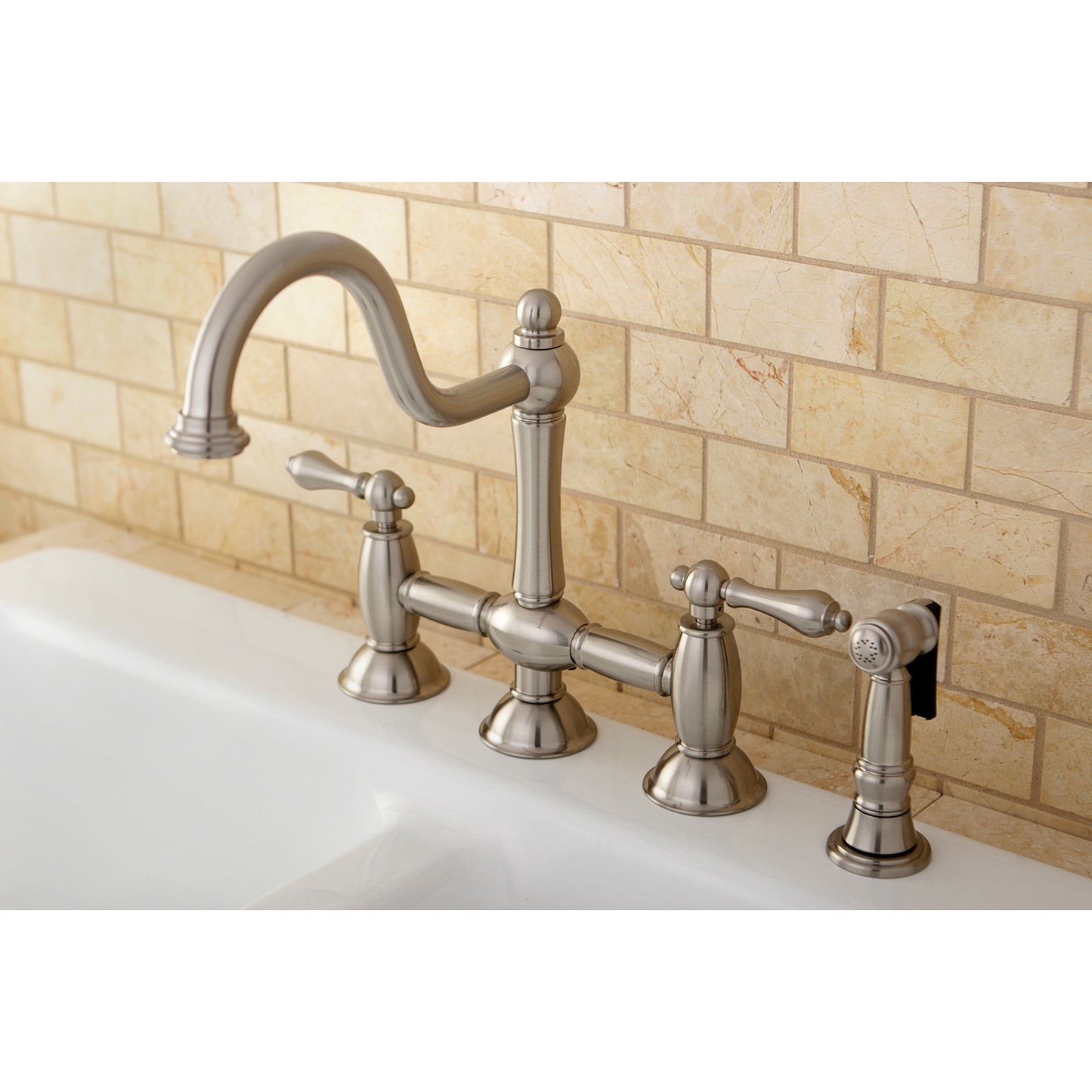 Kingston KS3798ALBS Restoration Bridge Kitchen Faucet with Brass Sprayer, Brushed Nickel on sink.
